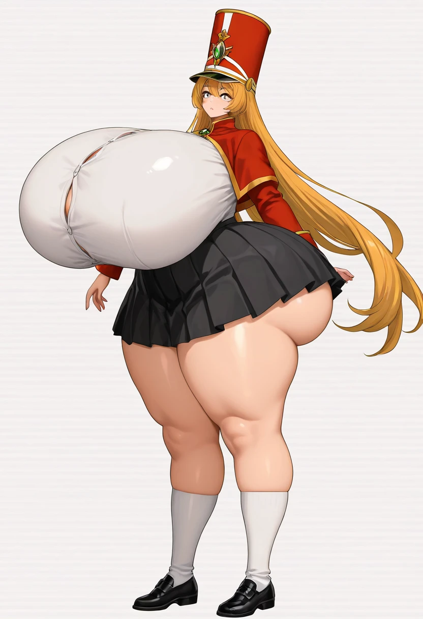 megamanroll, 1girl, ((solo)), green eyes, blonde hair, ponytail, ribbon, boots, dress, long hair, red dress, hair ribbon, long sleeves, red skirt, green ribbon, sidelocks, skirt, tail_blazer_style, big breast, large breast, gigantic breast, big ass, large ass, gigantic ass, ((thick thighs)), ((curvy body)), ((massive ass))