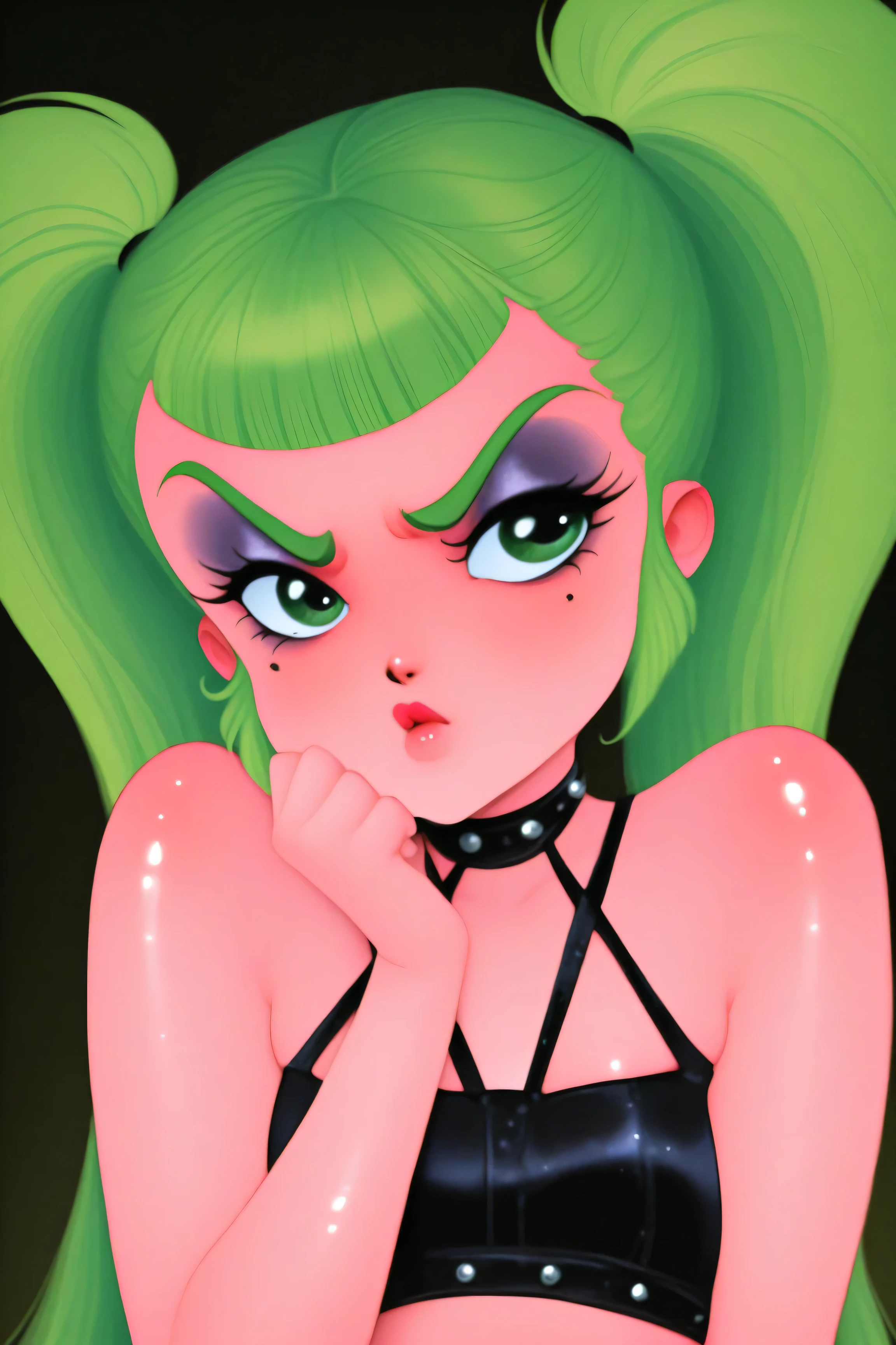 young korean goth girl, snapshot aesthetic, light black, greens, blacks, and whites, chinapunk, slender, karencore, high details, shadow, kizi, clean background, black background, white background, green background, metallics, green hair, green eyes, annoyed, heavy makeup, shiny skin, 80s, retro, twin tails, punk
