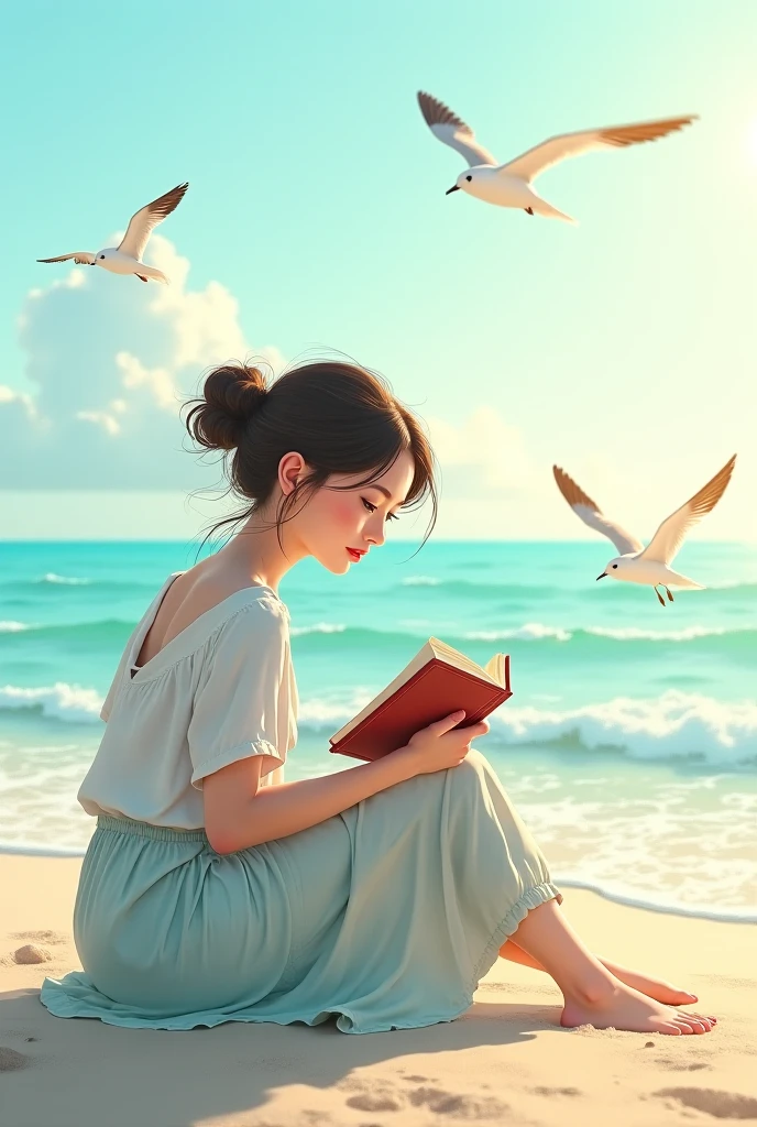 Woman sitting on the beach shore reading a book - SeaArt AI
