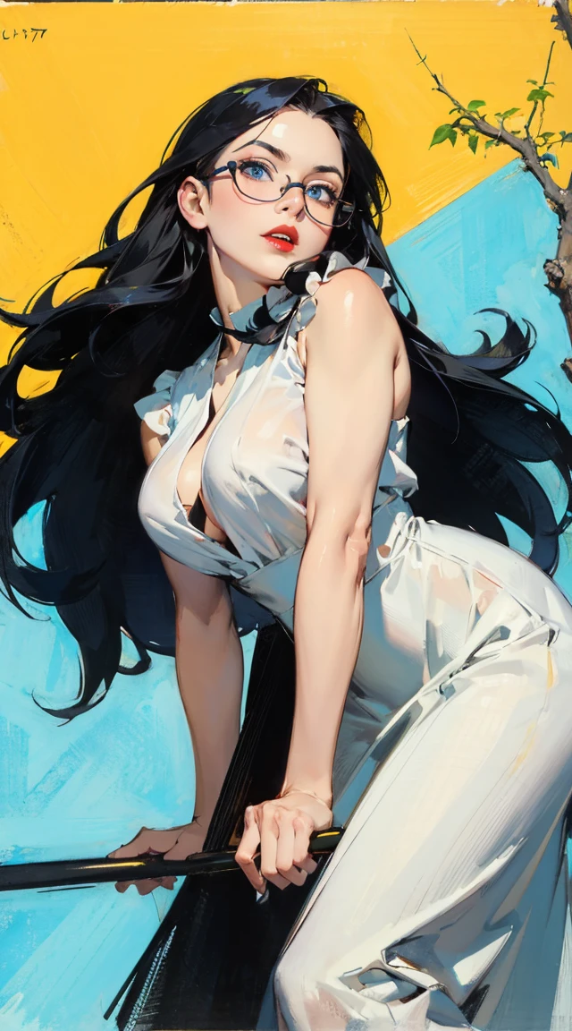 tsuruta ichiro, Narrow-eyed, 1girl in, Allback、shorth hair、brow、Reluctance、A dark-haired、Tucked Hair Solo, Cowgirl, Red dress, ((mideum breasts)), Thin slit eyes、blue grey eyes, Random colored hair, gloves, Dress, Jewelry, earrings, sharp eye、Red Glove, elbow groves,Raise your hands and tie your hair back, random color, random color dress, From Side, makeup, Slender eyes、lip stick, Complex petal pattern, Rim Light, Back Light, pastel color,