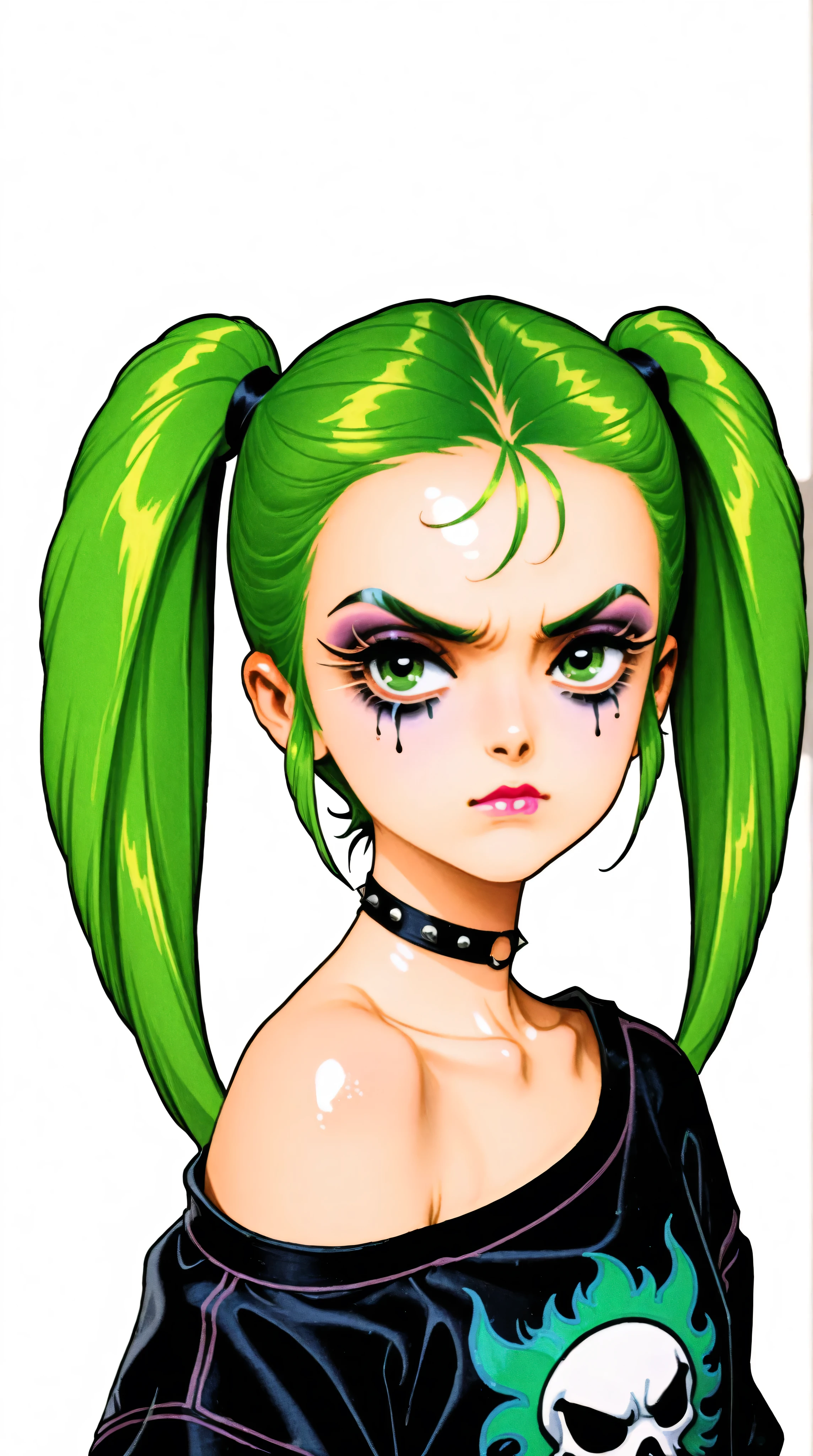 young korean goth girl, off the shoulder tee shirt, portrait, greens, blacks, and whites, slender, white background, green hair, green eyes, annoyed, heavy makeup, shiny skin, 80s, retro, twin tails, punk, choker,