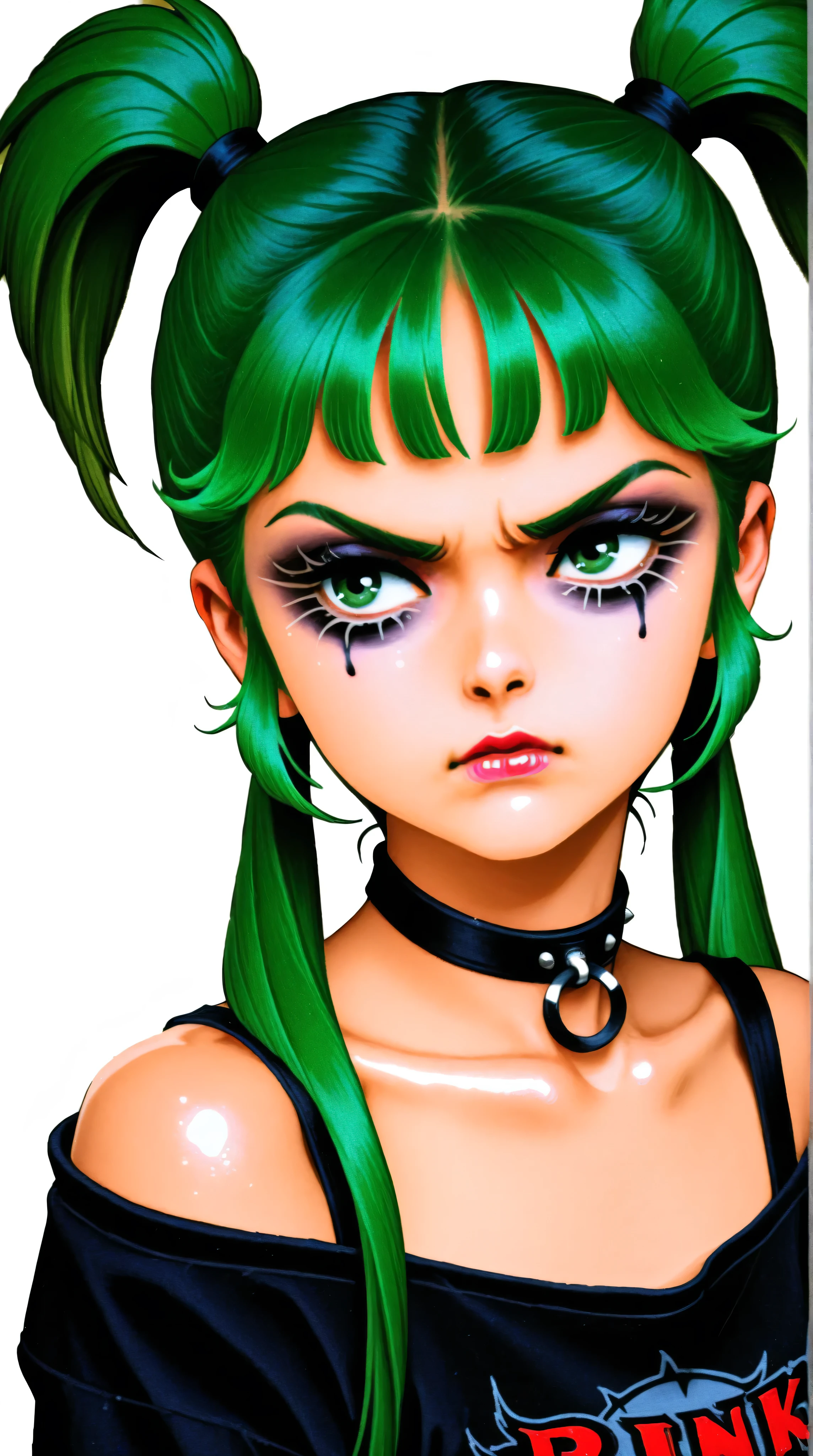 young korean goth girl, off the shoulder tee shirt, portrait, greens, blacks, and whites, slender, white background, green hair, green eyes, annoyed, heavy makeup, shiny skin, 80s, retro, twin tails, punk, choker,