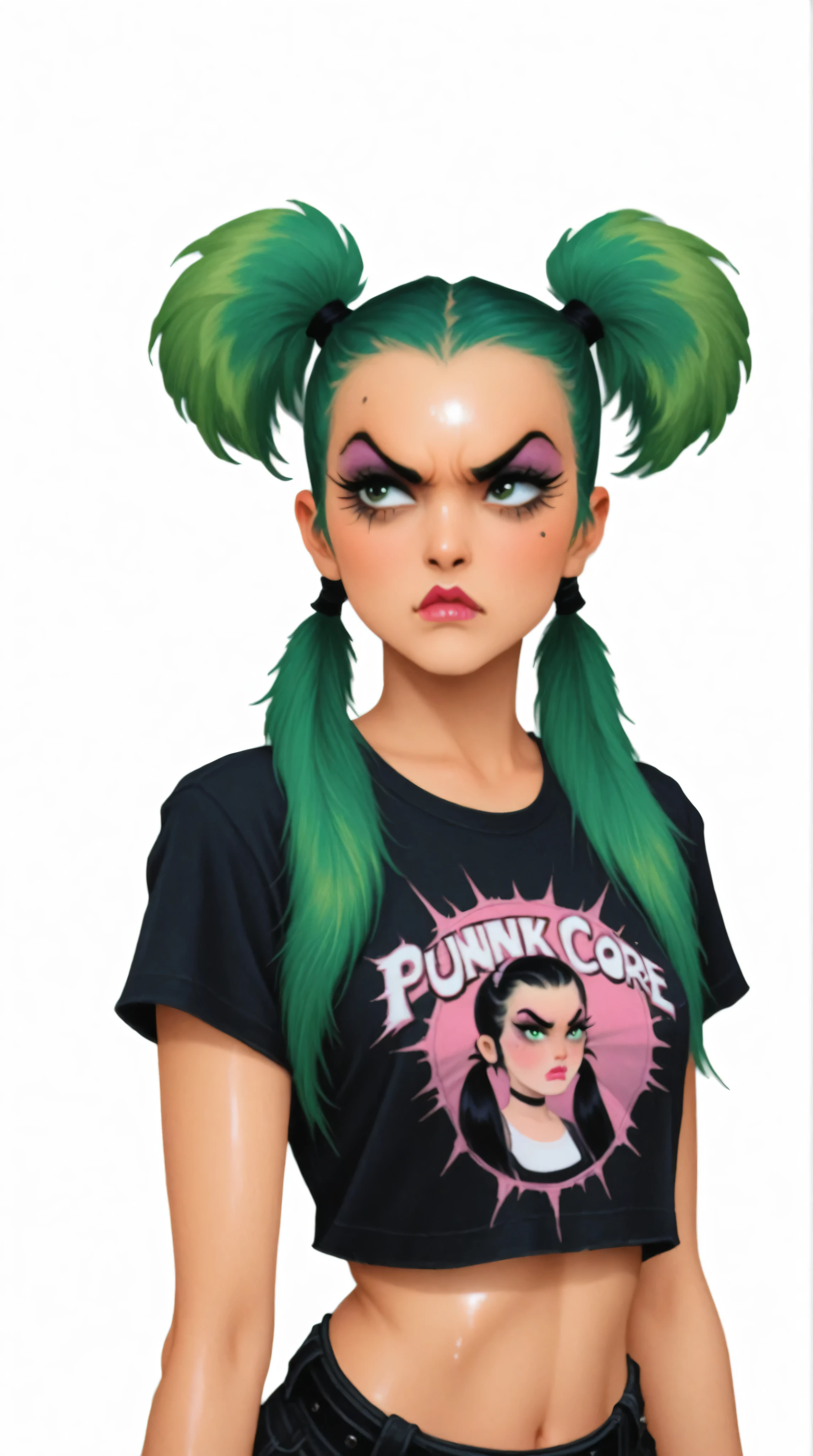 young korean goth girl, over the shoulder tee shirt, portrait, greens, blacks, and whites, chinapunk, slender, karencore, high details, white background, green hair, green eyes, annoyed, heavy makeup, shiny skin, 80s, retro, twin tails, punk