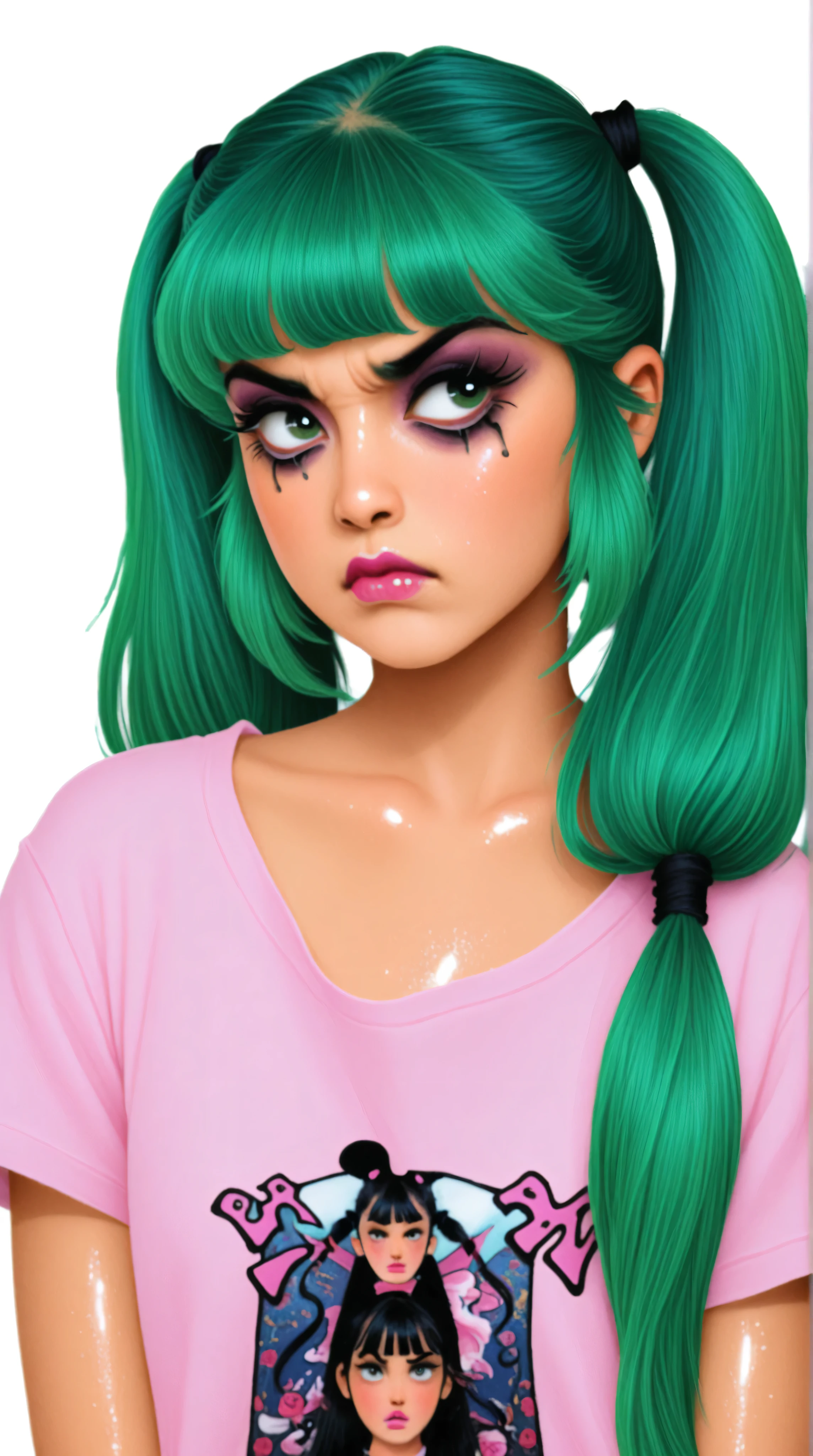young korean goth girl, over the shoulder tee shirt, portrait, greens, blacks, and whites, chinapunk, slender, karencore, high details, white background, green hair, green eyes, annoyed, heavy makeup, shiny skin, 80s, retro, twin tails, punk