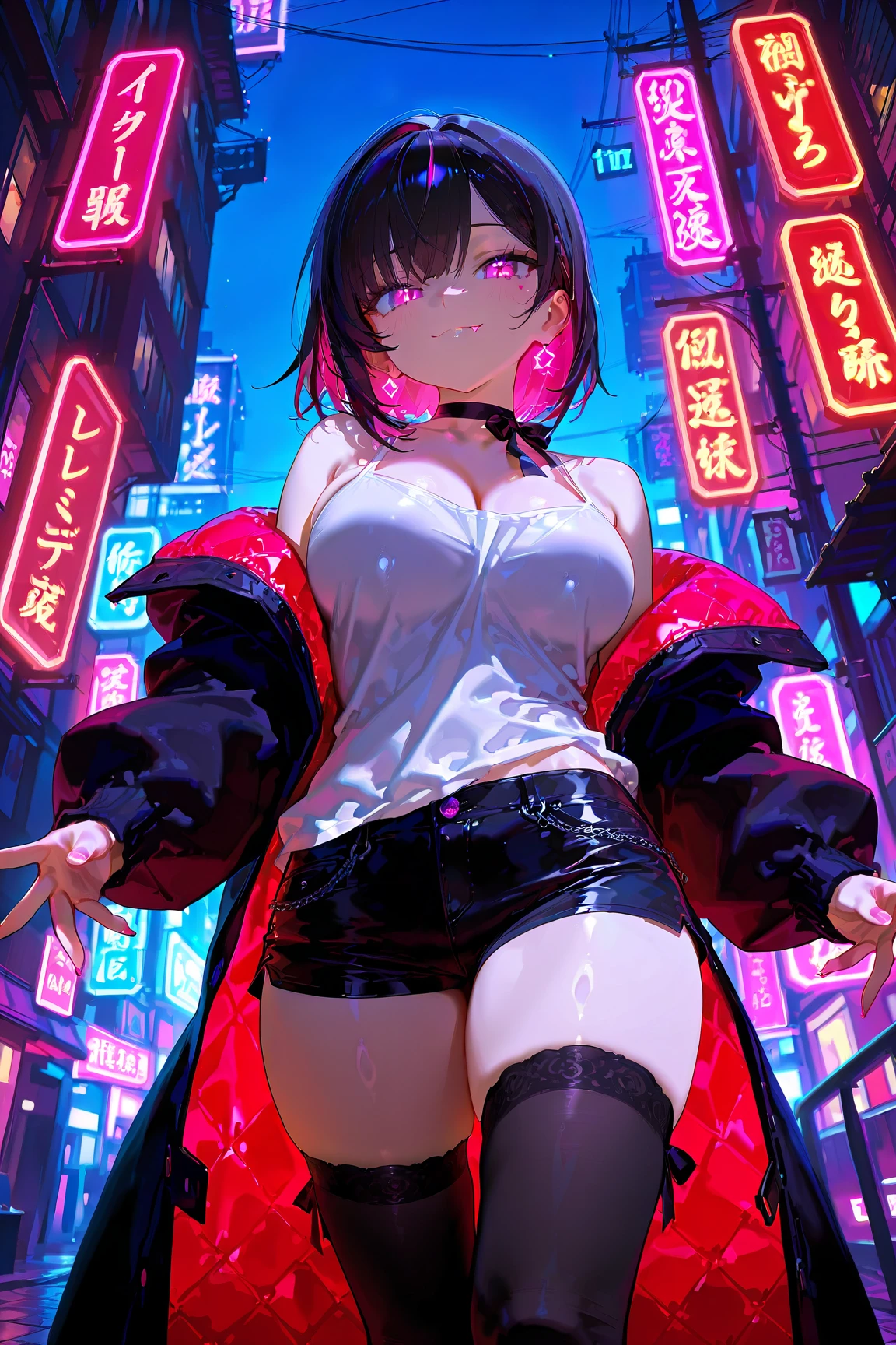 girl spacepunk,(((1girl in))),((A very cute and beautiful black-haired anime girl is walking seductively down the street)), (Large breasts:1.4),Saggy breasts,((((Black wavy bob hair:1.35,hair messy,Colored inner hair,heav breathing)))),((Pink eyes:1.3,upward-eyed:1.3,Perfect eyes,Beautiful detailed eyes,rainbow glows ultra-detailed deep pink purple eyes:1.1,Gradient Eyes:1,finely detailed beautiful eye:1,Symmetrical eyes:1,big highlight on eyes:1.2)),((Fat)),(((Lustrous skin:1.5,bright skin: 1.5,skin tanned,Shiny skin,Very shiny skin,Shiny body,plastic glitter skin,exaggerated shiny skin))),(spider lower abdomen,Narrow waist,wide-hips,athletic bodies,inflated legs,delicate detailed fingers,Detailed body,detailed arms,Human Hands,(Detailed face)), Cute,sluttish,Seductive,Erotic,(((NSFW))), zettai ryouiki,Revealing clothing,Show skin,((((underboob)))),(cleavage),(seminude,with little clothing,((tiny thong)),Bare legs,Visible lace strap),((((crop top hoodie,cropped hoodie,Hoodie,Complex hoodies)))),((detailed costume,detailed clothes)), (Dynamic Pose:1.0),Solo Focus,embarrassed,Centered,scale to fit the dimensions,thirds rule, Outdoors,((Night view)),(Neon synth waves in a very beautiful city,Cyberpunk Night Street Background:1.5,dark sky,Thick clouds),Vehicles of the future,((Neon light)),Thick clouds,(Cyberpunk style,Neon light, (Synthwave theme background), Lonely street),(((Detailed background:1.25))), (Best Quality),(High resolution),(Sharp Focus),(ultra-detailliert),(Extremely detailed),(Very high quality artwork),8K_Wallpaper,(High-definition CG in 8K),(Very fine 8K CG),((hyper super ultra detailed perfect piece)),flawless,(((masutepiece))),Illustration,Vibrant colors,(Convoluted),High contrast,Selective lighting,double exposure,nffsw (High dynamic range),Post-processing,Background blur,