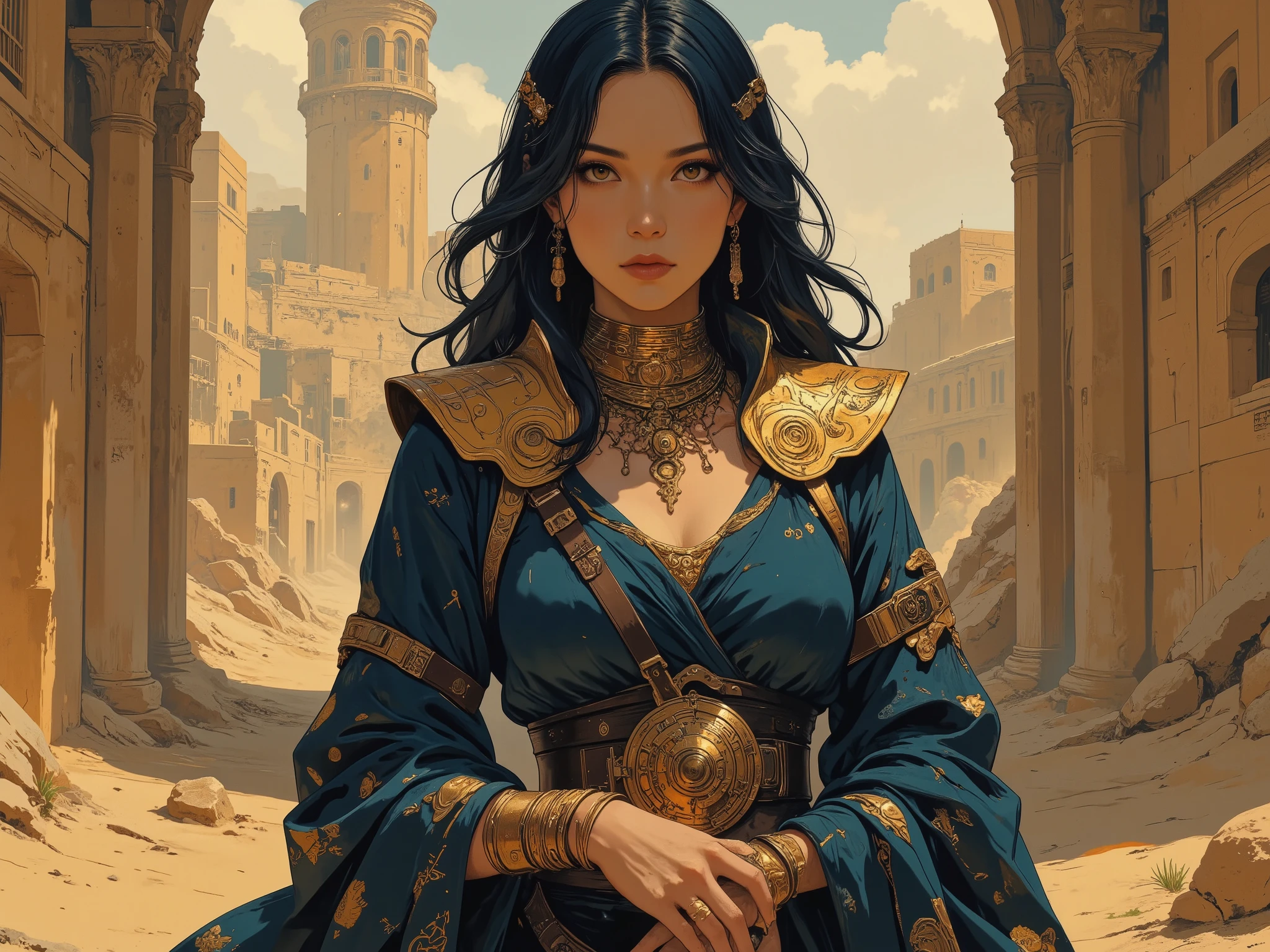 A young woman, likely of Middle Eastern descent, in her late s or early twenties, with dark blue, shoulder-length hair styled in loose waves with braids, deep-set amber eyes, and full, soft lips. Her expression is serious yet contemplative, not overtly angry but with a sense of quiet intensity. She is wearing a flowing, deep indigo-blue garment with a v-neck, adorned with intricate golden patterns and embellishments that cascade down the front and appear as a sort of layered, golden-yellow armor-like vest over the blouse. A wide, ornate gold collar with detailed patterns circles her neck, paired with gold bracelets and necklaces of varying lengths. She wears a gold belt at her waist. The lighting is warm, diffused, and slightly dramatic, casting soft shadows around her face and body. The background shows ancient-looking, light beige buildings with tan-yellow accents, which add a sense of a desert-like, or perhaps desert-adjacent, environment. A large beige tower is visible in the background. The colors are rich and saturated, with a muted palette of blues, golds, and beiges, and soft textures. The overall style evokes a sense of fantasy and ancient artistry, almost a painted portrait. High detail, highly detailed, cinematic lighting, intricate details, painting style, --ar 1:1.5 --q 2 --s 550