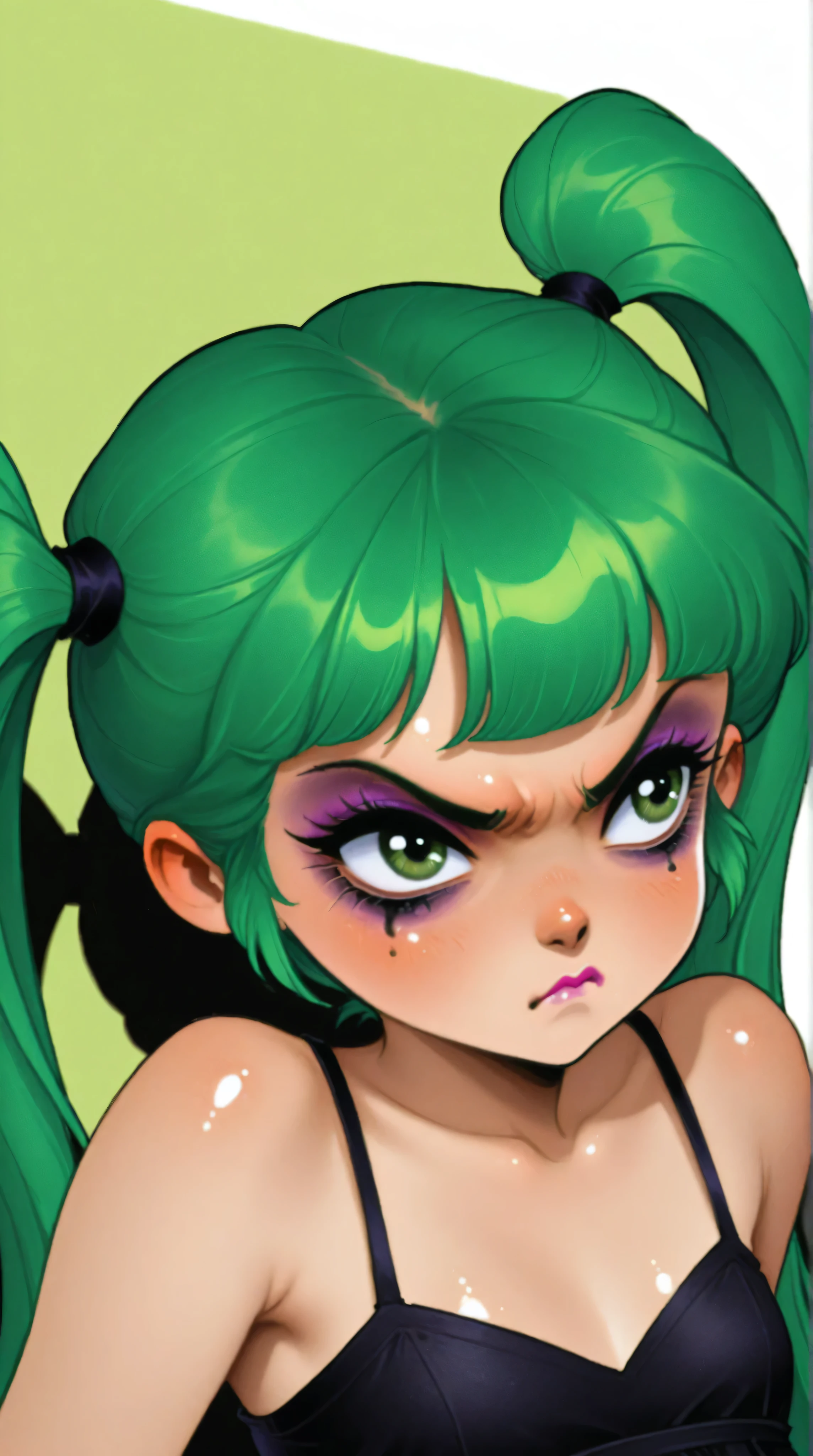 young korean goth girl, snapshot aesthetic, light black, greens, blacks, and whites, chinapunk, slender, karencore, high details, shadow, in motion, film still, kizi, clean background, black background, white background, green background, metallics, green hair, green eyes, annoyed, heavy makeup, shiny skin, 80s, retro, twin tails, punk