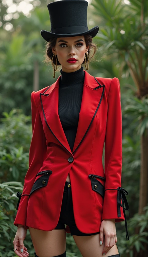 a glamorous militant female gangster, traditional 1920s dress, black and red suit with top, trousers, mock braces, neck tie and hat, assertive pose, sophisticated, opulent ,photorealistic, 8k, cinematic lighting, highly detailed, dynamic shading shading, vivid colors