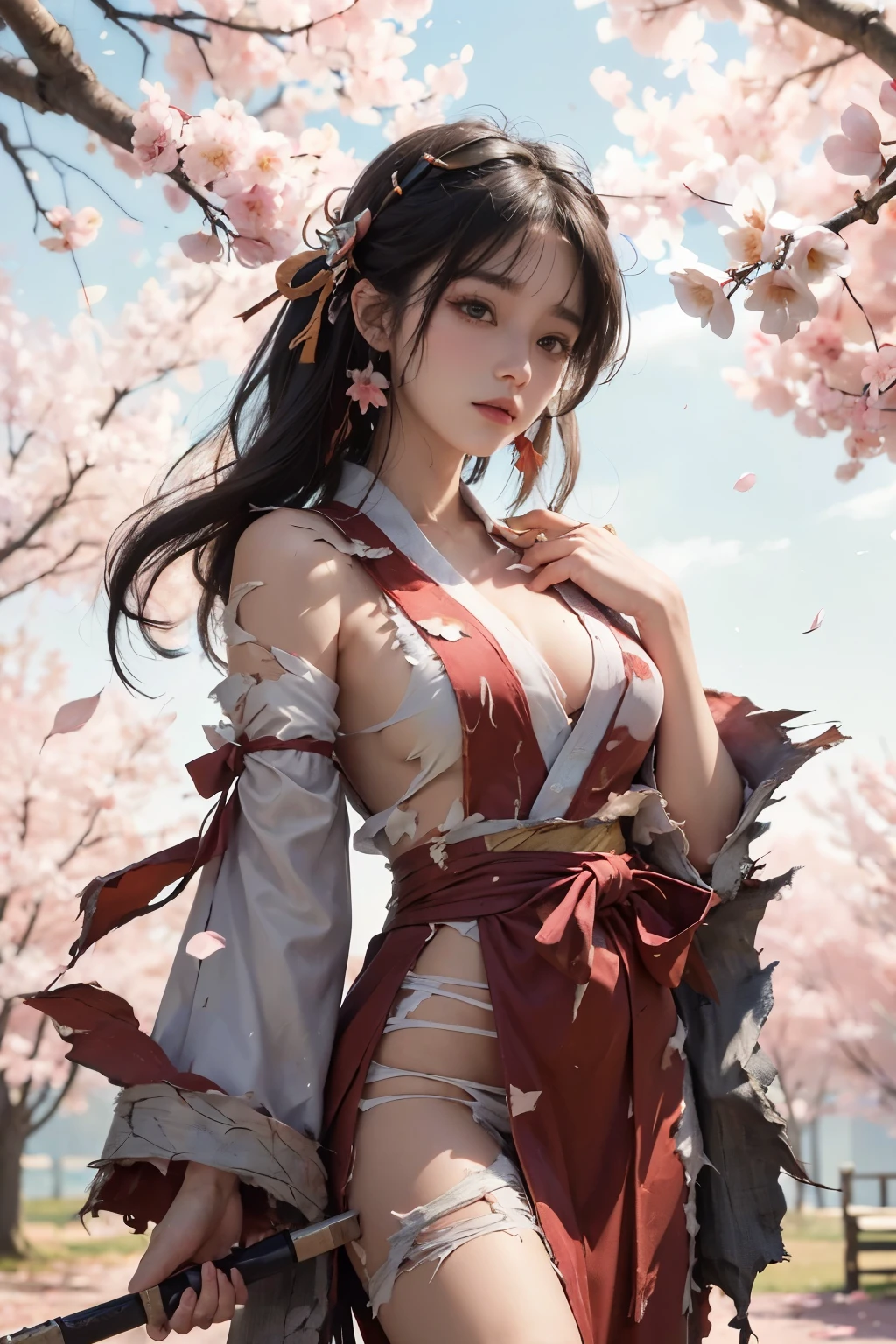 (((bust，big breasts))),Mai Shiranui，((（An expression of contempt，A haughty look))），Wearing a tight-fitting battle suit，Distinctive features；The picture combines modern and Japanese traditional art styles，Floating flames intertwined with cherry blossoms，Demonstrate mystery and power；Stunning visual effects，Contrasting colors，Mainly red and black，Passion and coldness intertwined；The picture is extremely sharp，The details are meticulous，High-quality；Clever light handling，Create a dramatic atmosphere；Master of brushstrokes，Impeccable professionalism，An unforgettable work of art。