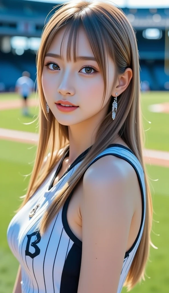 Sexy Cheerleader 、A cute 13-year-old girl with a sexy and cute look, beautiful and sexy face、A strong wind blows my hair in front of my face、With straight blonde hair、beautiful, Cute and sexy eyes hidden behind long bangs、Cute Cheergirl
