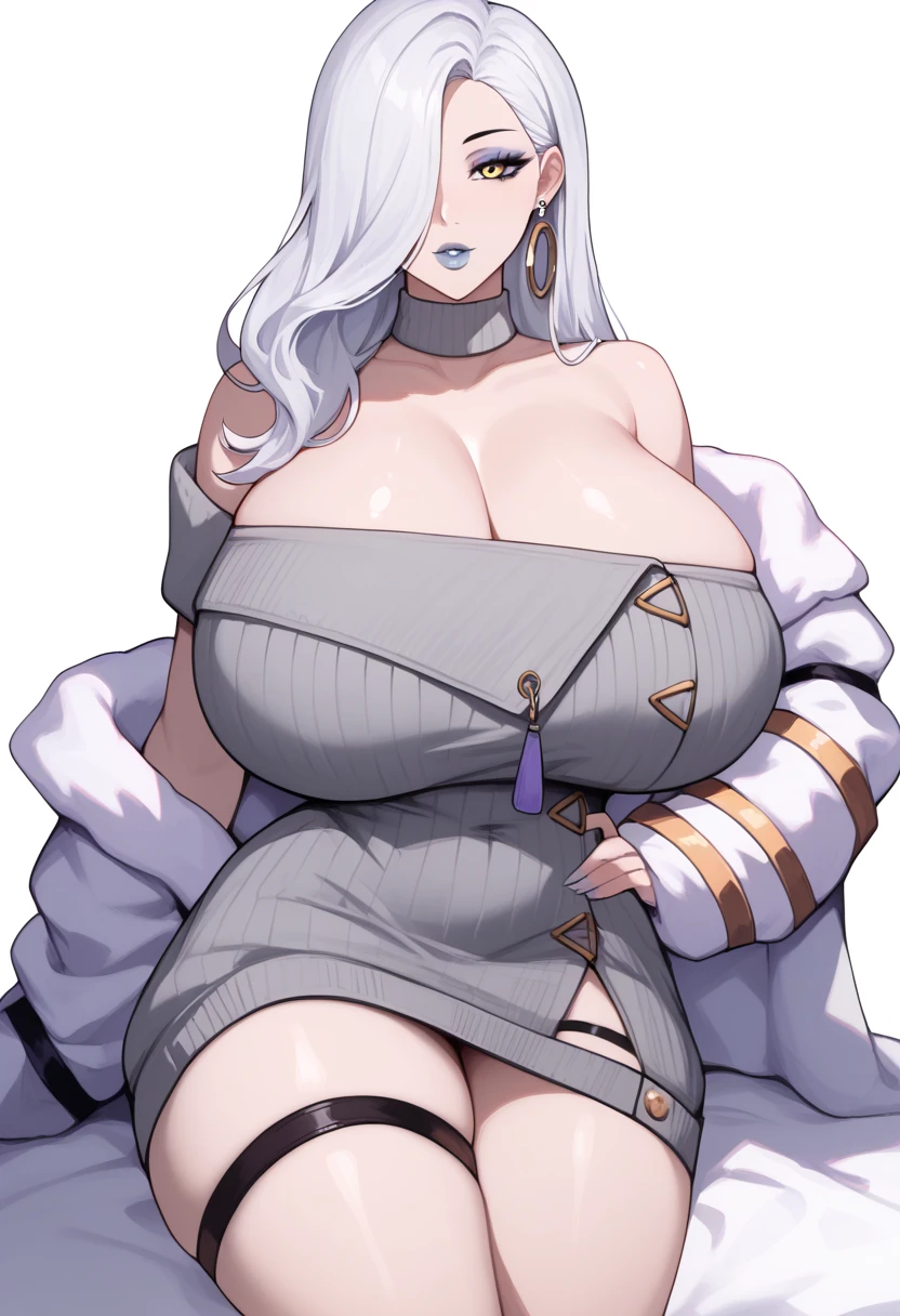 white long silver hair, female, purple eyes, witch hat, flirty, big breast, curvy body, thick thighs, a plauge doctor