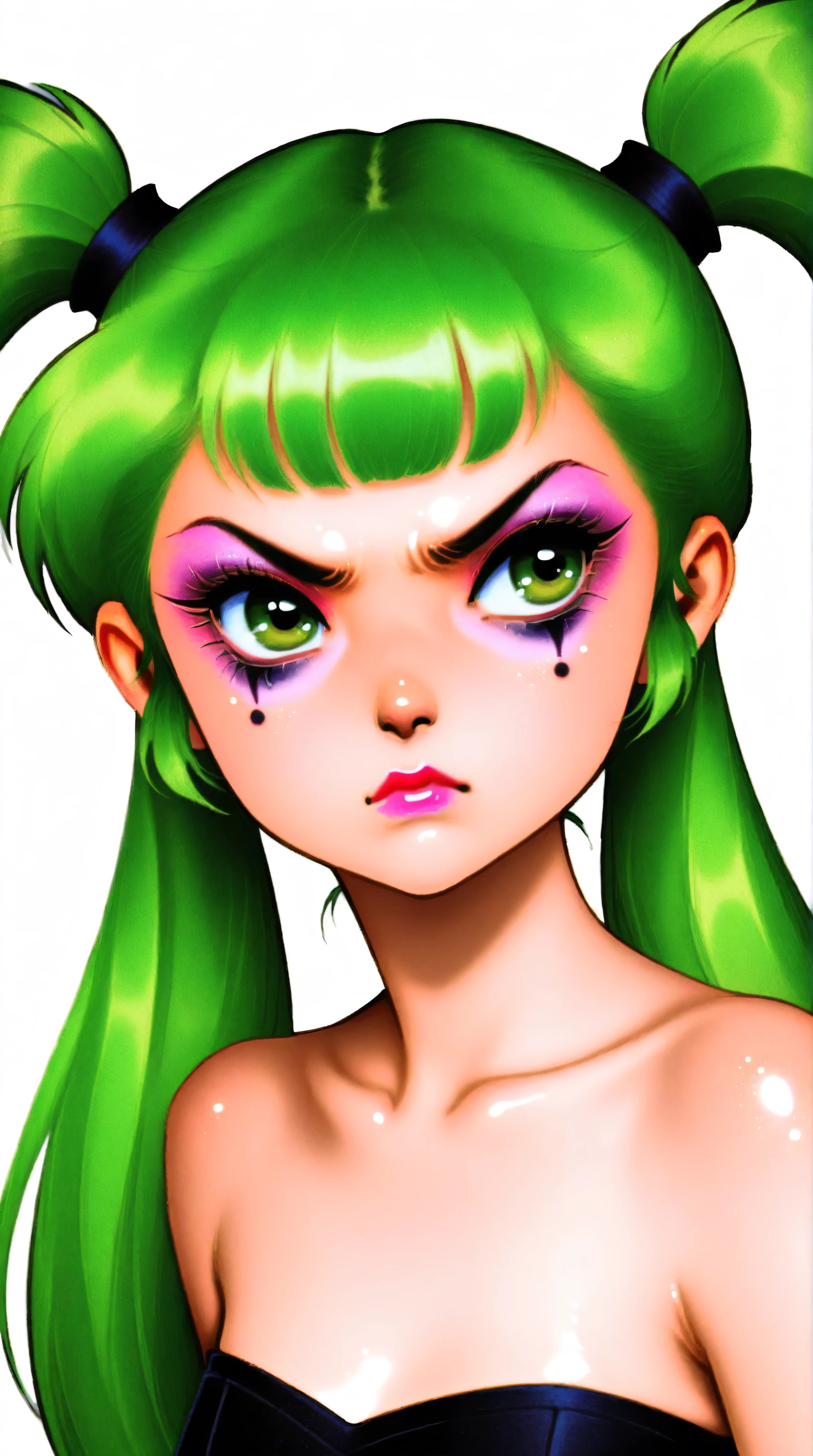 young korean goth girl, portrait, light black, greens, blacks, and whites, chinapunk, slender, karencore, high details, kizi, clean background, white background, metallics, green hair, green eyes, annoyed, heavy makeup, shiny skin, 80s, retro, twin tails, punk