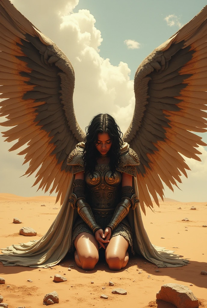 asexy black angel with long white wings chained in the desert,sitted on agolden rock