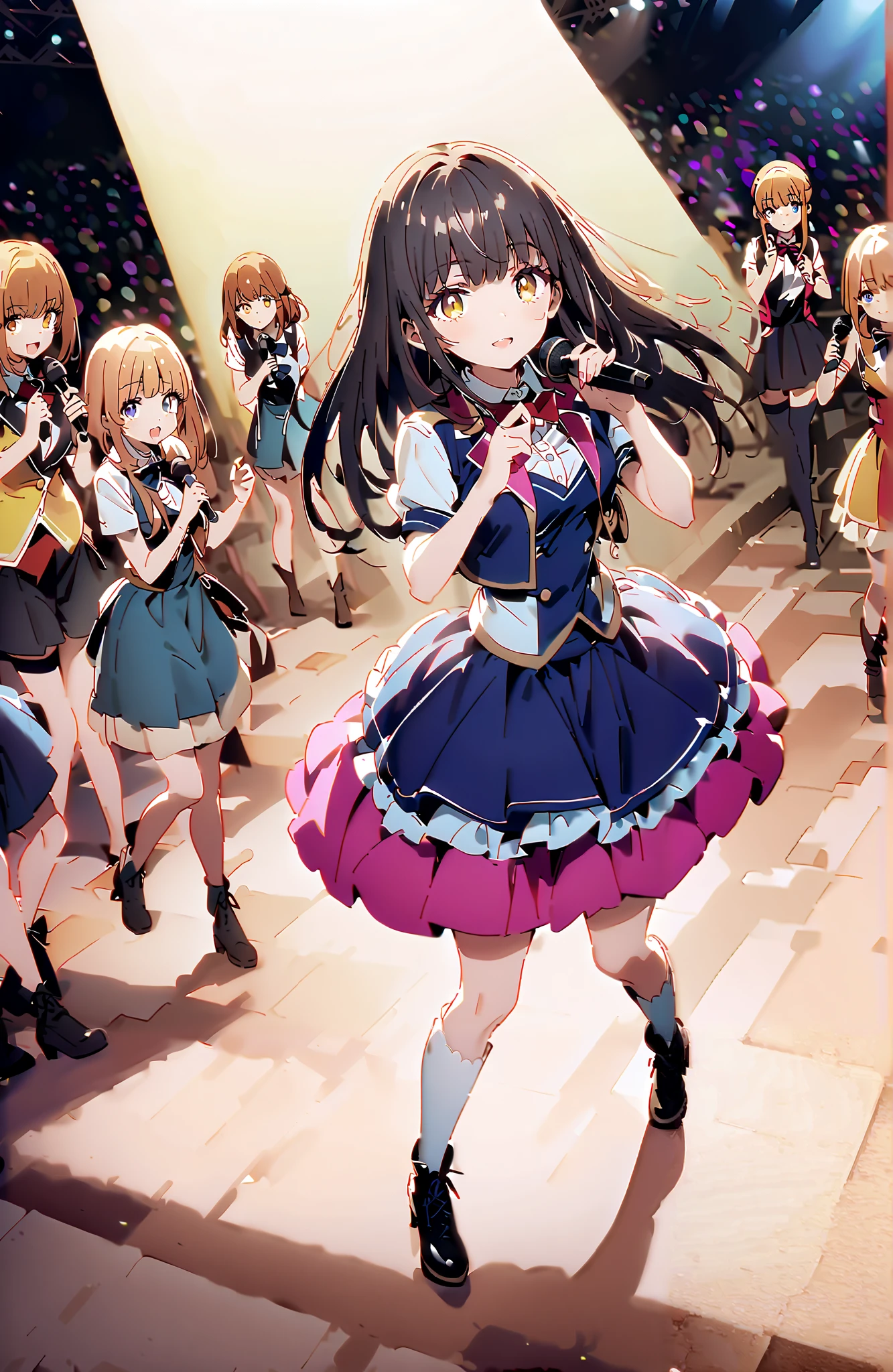 is horrible, Mahiru Shiina,Alone, bungs, Gold, long hair,yellow eyes,half up do,Medium breast,smile,cover,open your mouth,idol costume, dress,collared dress,jacket,cropped jacket,Short sleeve,bowtie,bow,button, above Decorati has ,(white knee-high:1.2),boots,is standing,アイドル歌手がライブ ステージで熱狂的に歌うシーンのillustration,アイドル歌手が ステージ中央にis standing, idol singers sing with microphones , idol singers are serious and impressive ,The singer's voice is strong and beautiful. , fans gather around the stage , fans sing and dance with idol singers Idol singers who do things ,The Big Picture, Various colored lights ,,full bodyがillustrationに入るように,break indoors,concert venue,
break looking at viewer,full body,
break (masterpiece:1.2), best quality, high resolution, Unity 8k Wallpaper, (illustration:0.8), (beautiful detailed eyes:1.6), very detailed face, so that it fits into the illustration, extremely detailed CG, (perfect hand, perfect anatomy),