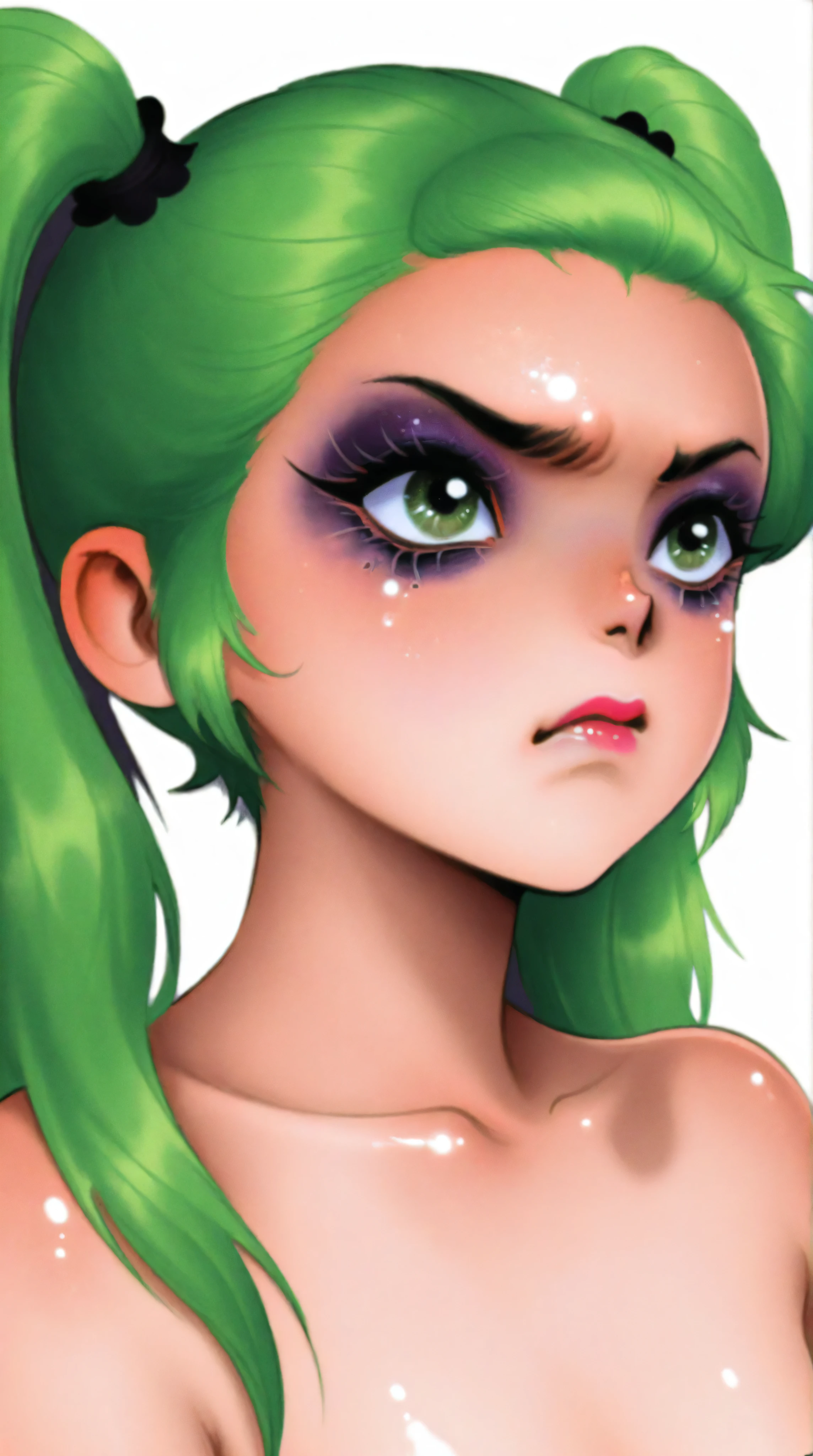 young korean goth girl, snapshot aesthetic, portrait, light black, greens, blacks, and whites, chinapunk, slender, karencore, high details, kizi, clean background, white background, metallics, green hair, green eyes, annoyed, heavy makeup, shiny skin, 80s, retro, twin tails, punk