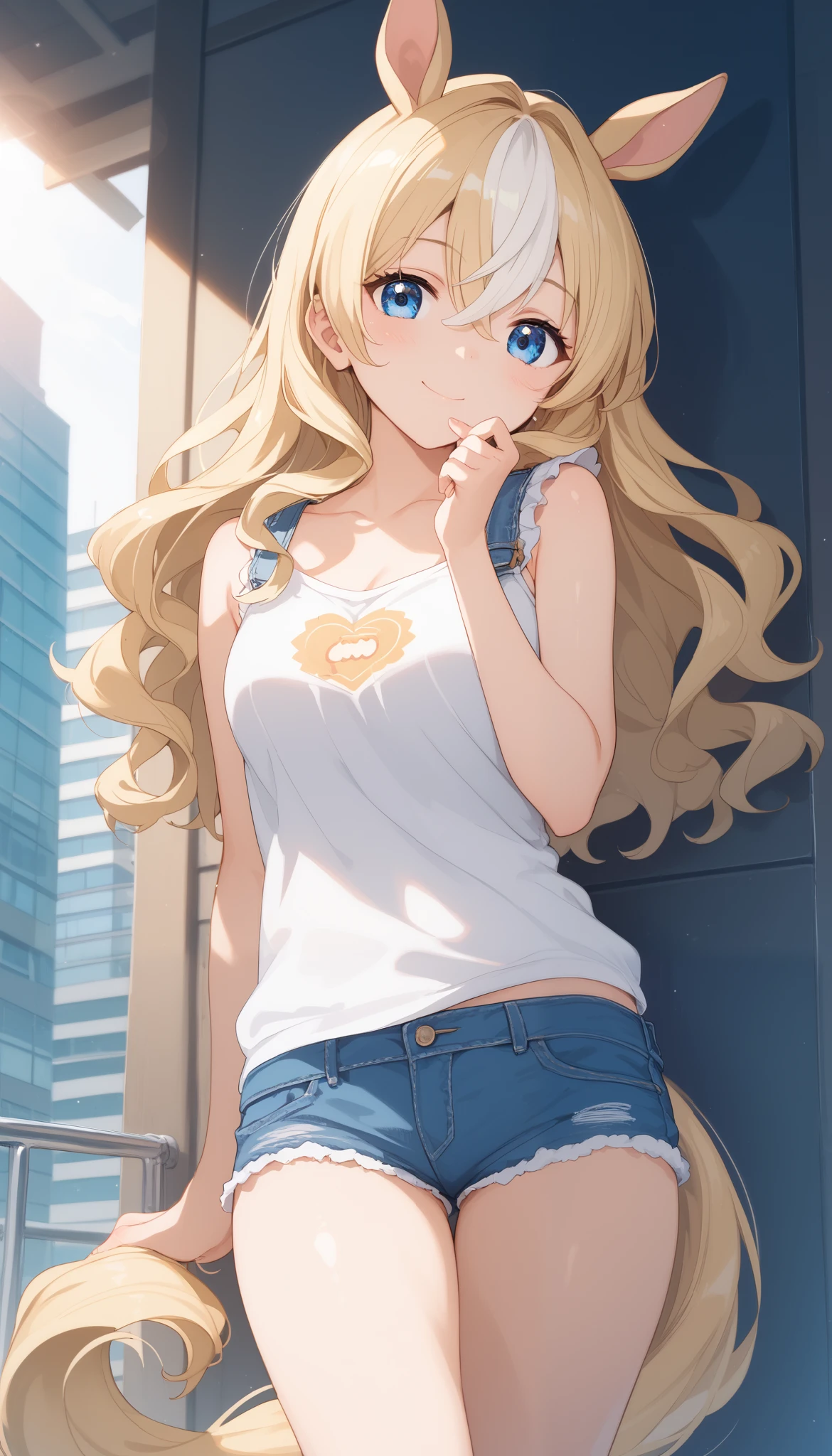 horse tail, long hair, streaked hair, blonde hair, white hair, hair between eyes, animal ears, ear ornament, blue eyes,1 bashful girl, alone, anime style,cute girl,Best Quality, super detailed, anime style,8k, high resolution, detailed face, Character's Upgraded Image,((clear face)),(in the middle of the city),((slouching forward)),((is leaning against the wall)),(( white sleeveless shirt)),(Black micro mini denim shorts),(character up image viewed straight diagonally from the side),character up image,shiny, smooth thighs,morning,Dazzling Sunlight,(character up image above thighs)
