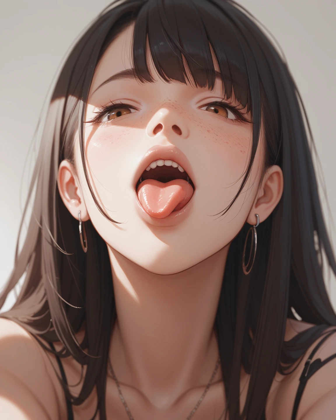 (((best quality))),(((nsfw))),An illustration,anime,1 female,slender face,((orgasm face:1.5)),(((dildo))),(half closed eyes),((long tongue)),((arms up behind)),Black Hair,Brown Eyes,medium hair,straight hair,((Lying)),looking at viewer,bed room,on the bed,small breasts,((Completely naked)),25 years old,No pubic hair,Height: 165cm,full body,erect nipples,some perfect pussy,(cum in pussy),show pussy,