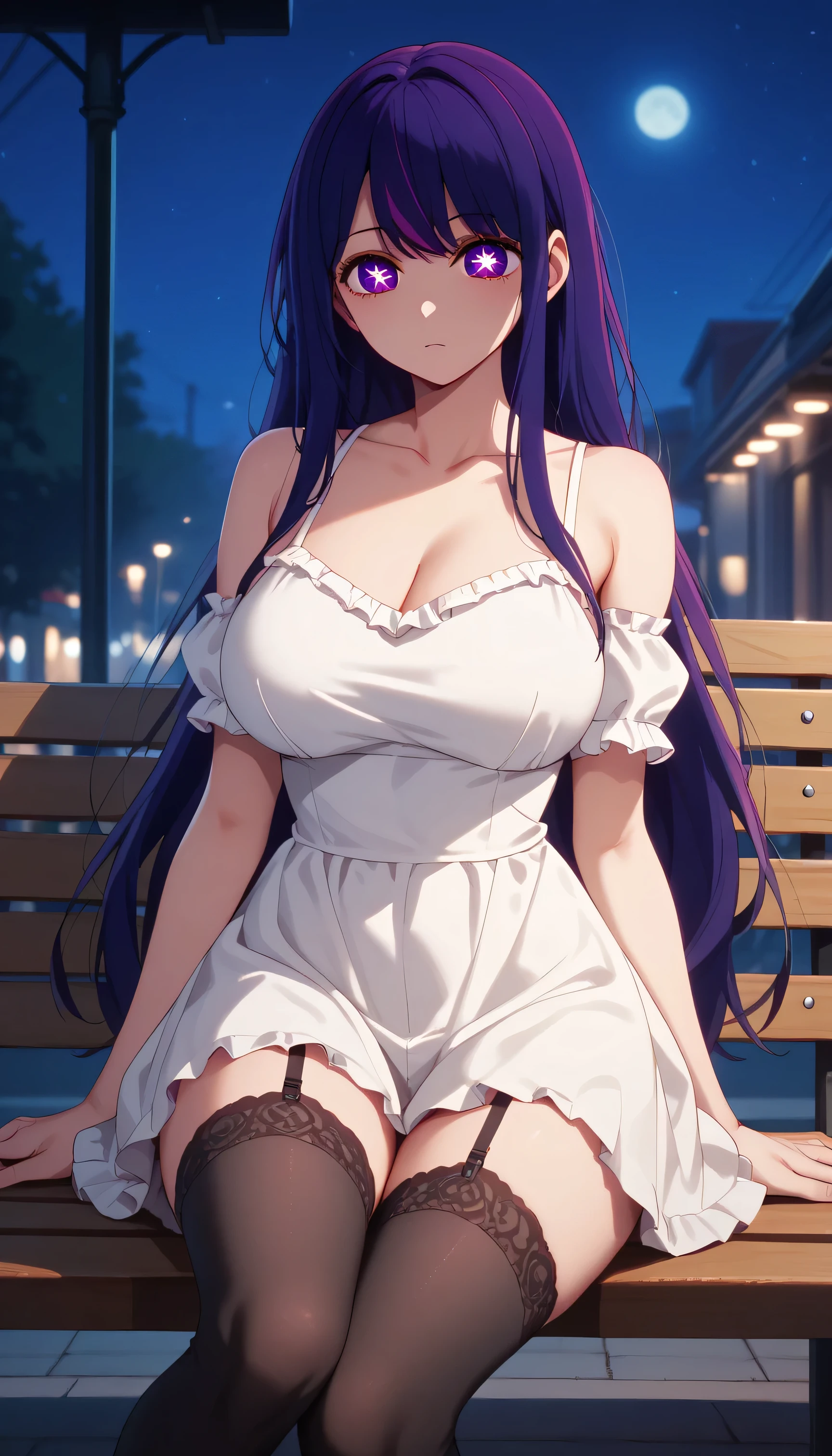 Ai Hoshino wearing a white mini-dress and black stockings, black garter straps, pretty, curvy, long hair, bangs, purple eyes, purple hair, symbol-shaped pupils, fair skin, large breasts, boring, stoic, sitting on a street bench, alone, at dusk, (night scene:1.2), drawn in an anime style