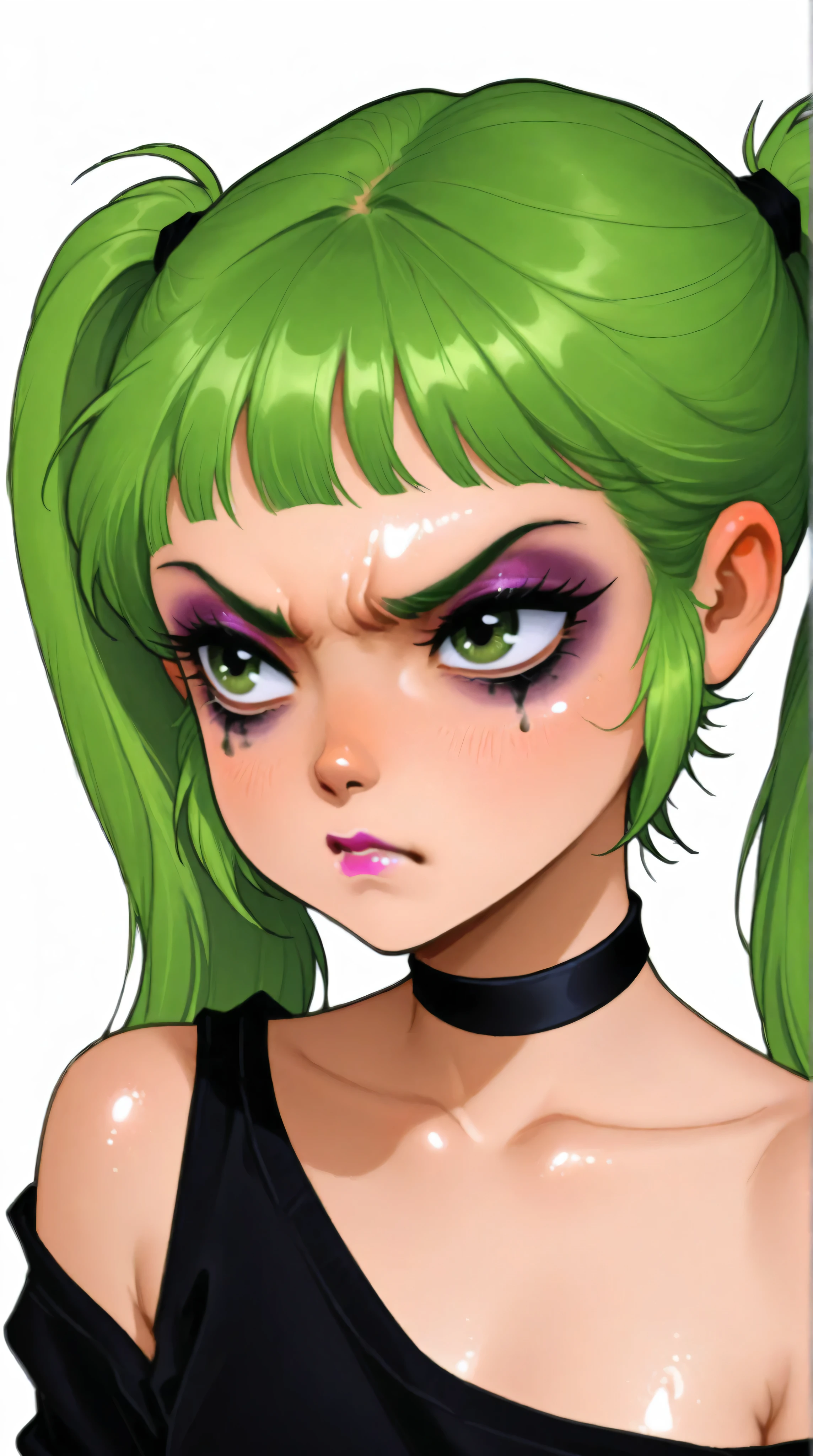 young korean goth girl, snapshot aesthetic, portrait, light black, greens, blacks, and whites, chinapunk, slender, karencore, high details, kizi, clean background, white background, metallics, green hair, green eyes, annoyed, heavy makeup, shiny skin, 80s, retro, twin tails, punk, off the shoulder black tee, black choker,