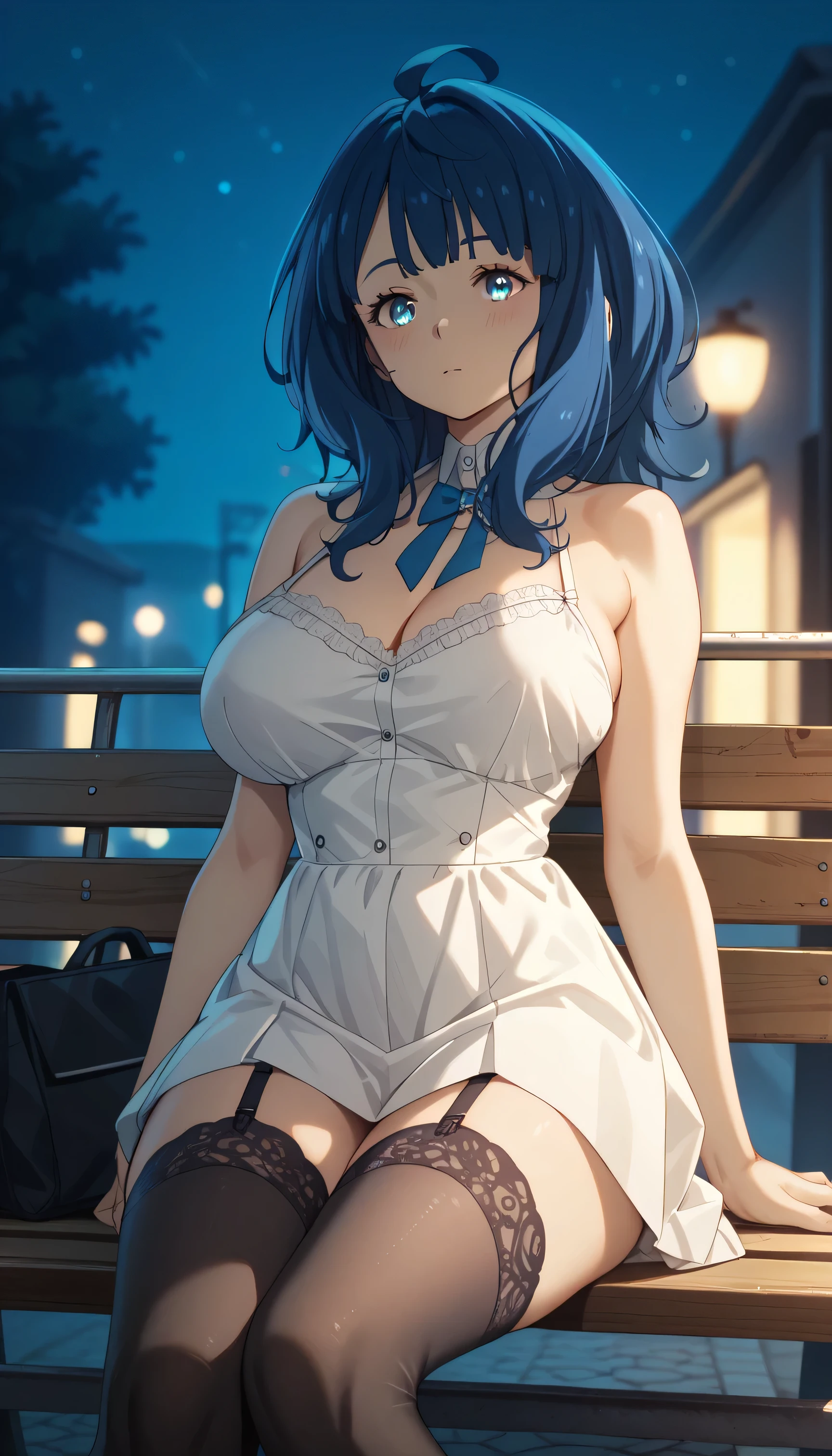 yanamianna wearing a white mini-dress and black stockings, black garter straps, pretty, curvy, medium hair, ahoge, blue hair,blue eyes, fair skin, large breasts, boring, stoic, sitting on a street bench, alone, at dusk, (night scene:1.2), drawn in an anime style