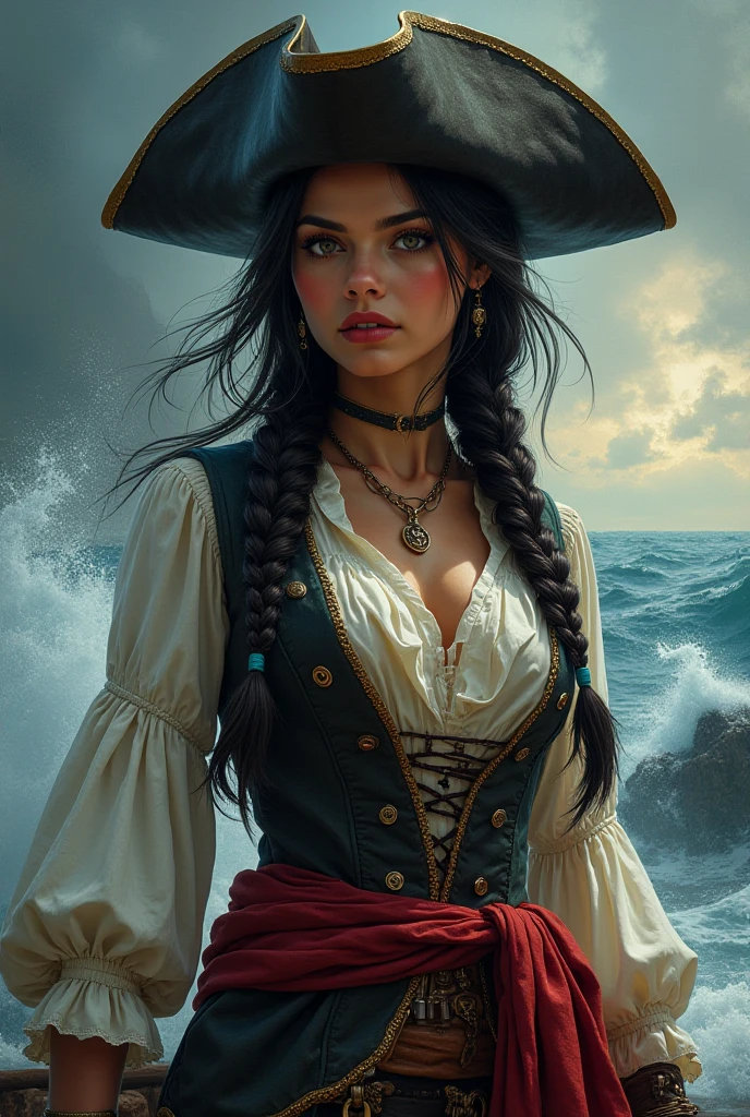 Woman dressed as a pirate, Young, Hair with two high braids, black hair ...