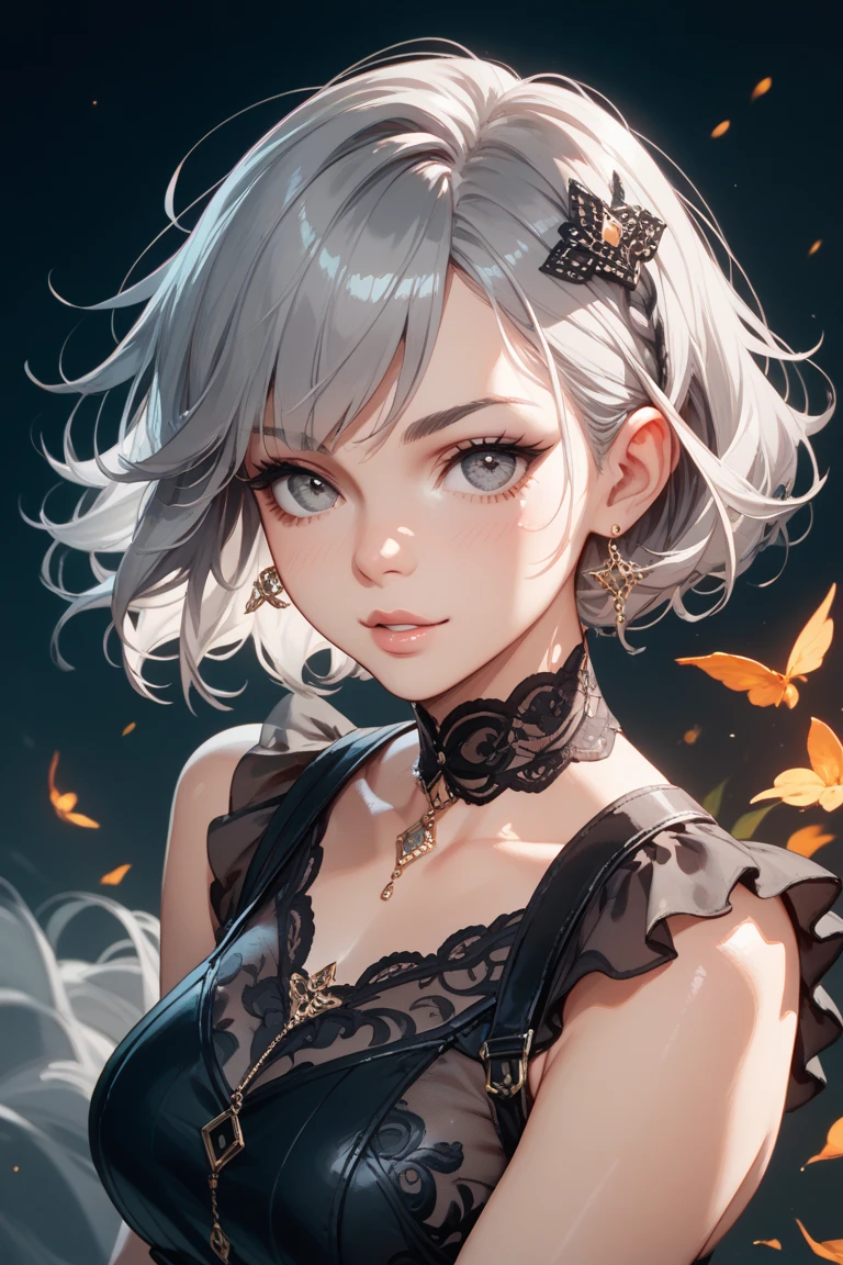 anime Fairy magic City monochrome romantic Calm Retro Style Elegant and detailed feather design Vintage Dresses accessories Light effects Gothic goddess Silver Hair