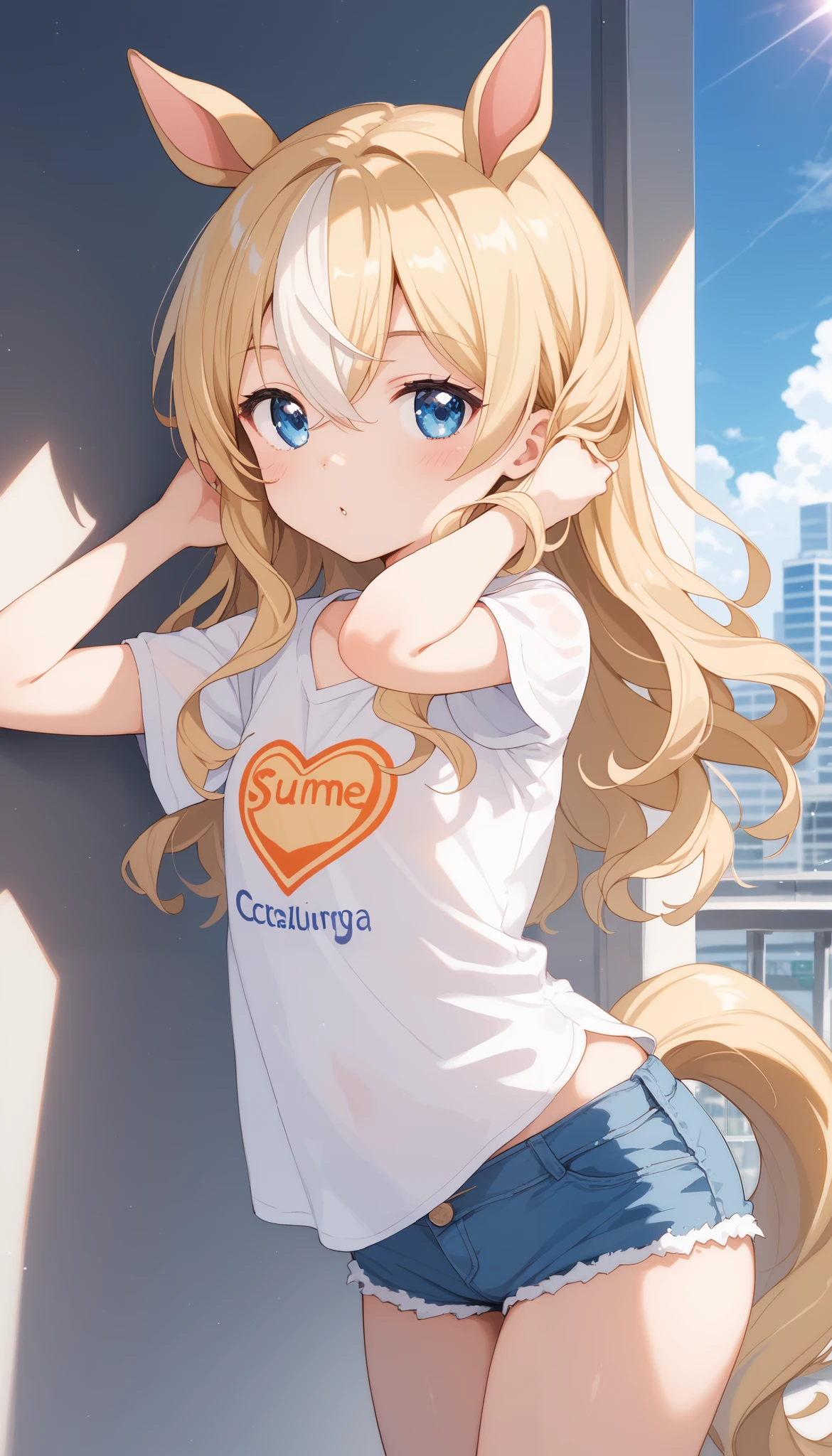 horse tail, long hair, streaked hair, blonde hair, white hair, hair between eyes, animal ears, ear ornament, blue eyes,1 bashful girl, alone, anime style,cute girl,Best Quality, super detailed, anime style,8k, high resolution, detailed face, Character's Upgraded Image,((clear face)),(in the middle of the city),((slouching forward)),((is leaning against the wall)),((black long sleeve shirt)),(yellow micro mini denim shorts),(character up image viewed straight diagonally from the side),character up image,shiny, smooth thighs,morning,Dazzling Sunlight,(character up image above thighs)