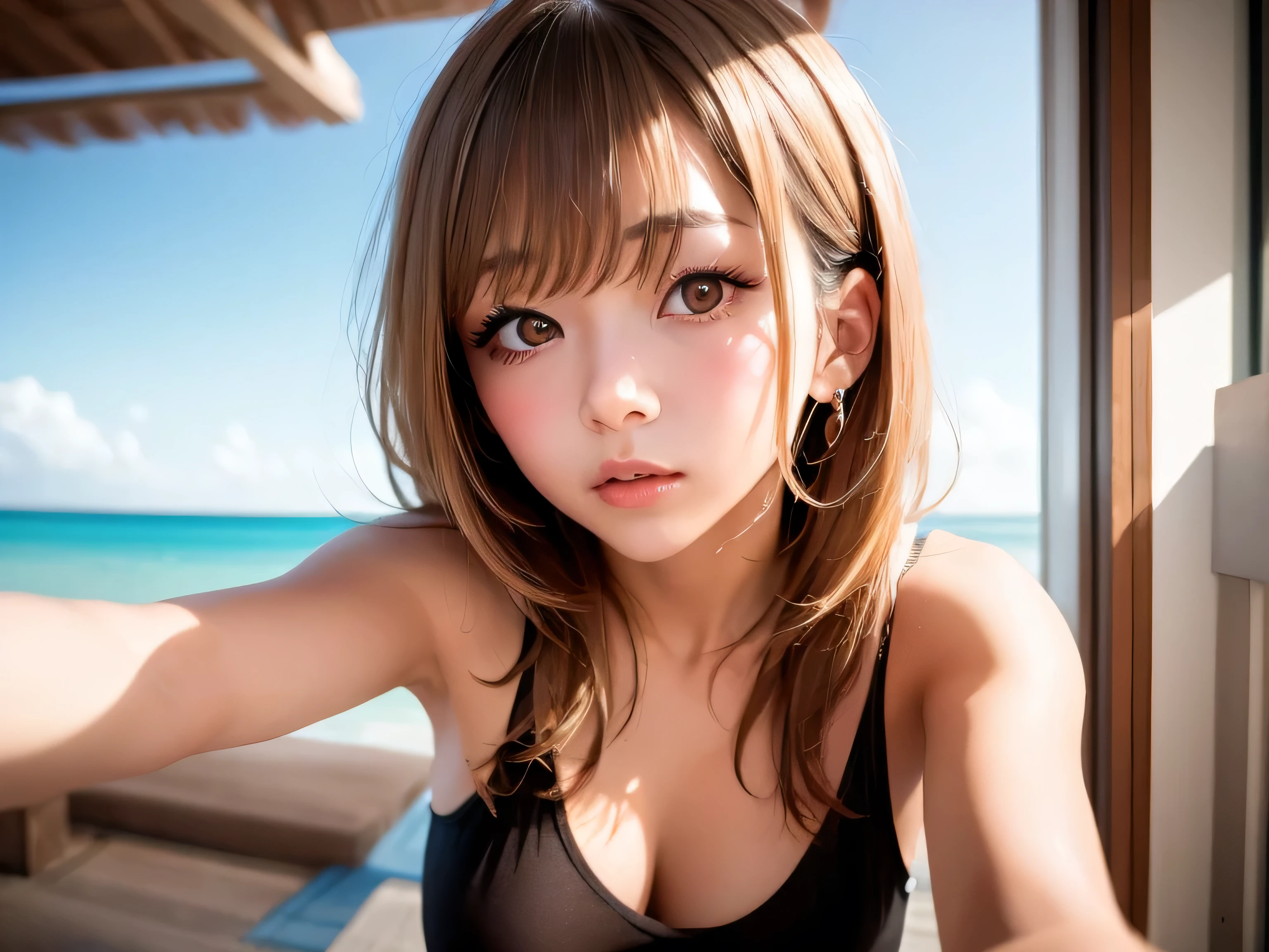 ((Two Women)) 、(High leg bikini)、Short Bob Hair、Medium breast、(Fisheye Lens:1.2)、Selfie,((Top-down composition)) Wind, My hair is messy, Cityscape at night,Pool、 (Aesthetics and atmosphere:1.2),smile、