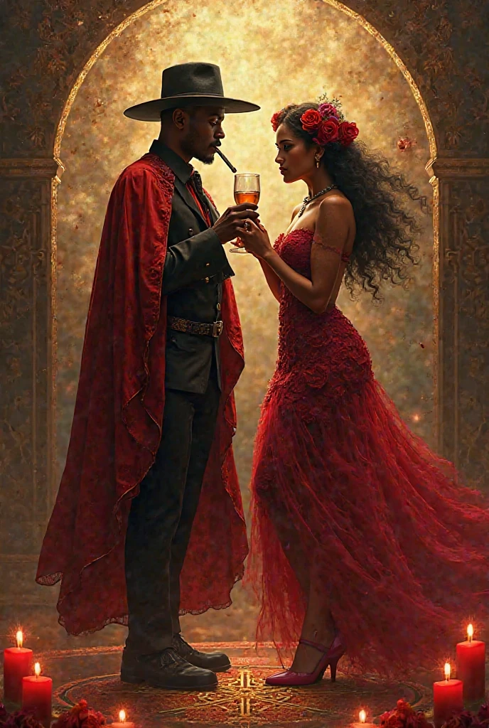 Exu Tiriri and Gypsy Pomba Gira. Quimbanda entities of Rio Grande do Sul.
Exu Tiriri with black pants, black long sleeve t-shirt with red details, with a black hat. In his left hand a black glass with red wine, written Exú Tiriri and in his right hand a cigar.
Pomba Gira Cigana with a red skirt with gold details, with a red corset with gold details, with a headscarf with golden flowers. In his left hand a glass of champagne and in his right hand a long white cigarette..