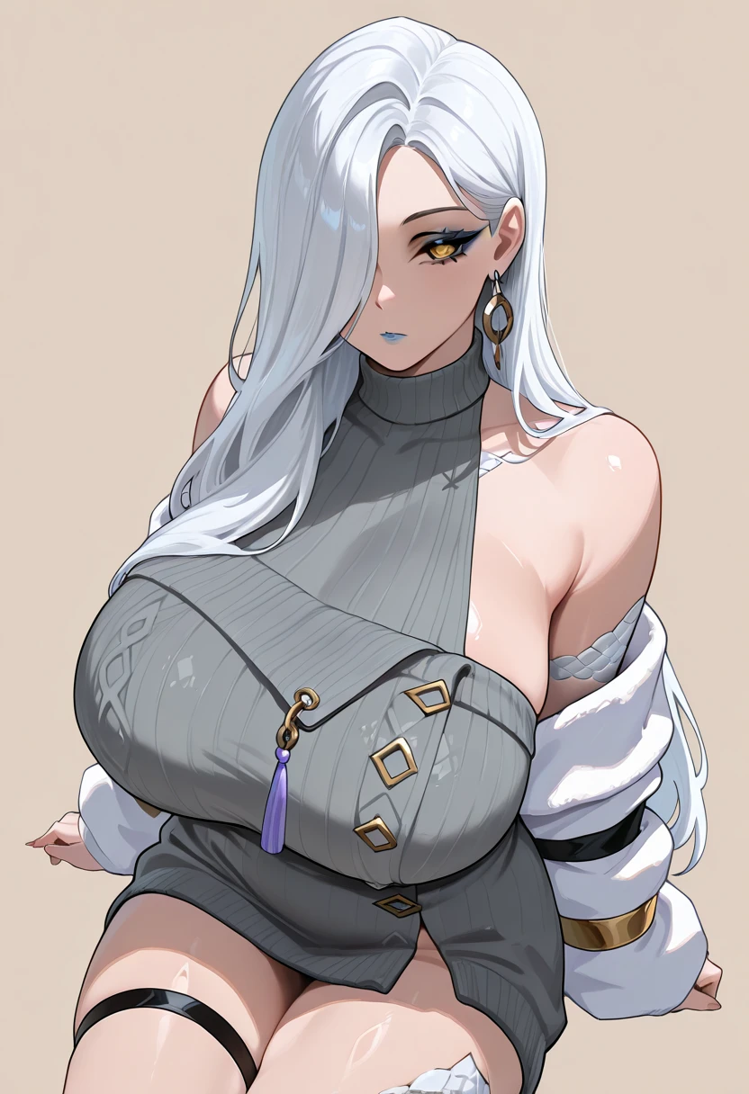 (Uhd, Masterpiece, Textured Skin, Super Detail, High Details, High Quality, Best Quality), Detailed Face, 1woman, mature pretty woman, (Huge Body:1.5), (Silver hair tied in a bun, long hair), (Short white top shirt, Denim shorts), standing, six pack, (Dynamic lighting:1.5, very high quality)