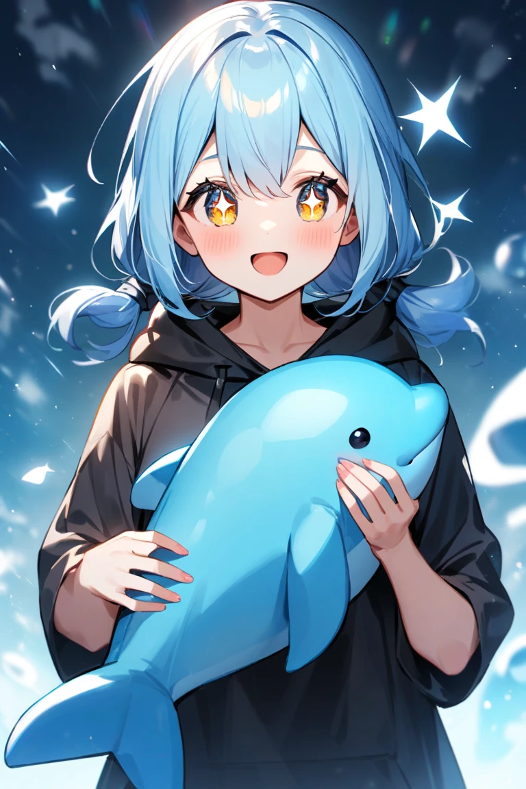 girl、light blue hair tied at the top、Shoulder length hair、sparkling eyes、black hoodie、I'm holding a stuffed dolphin