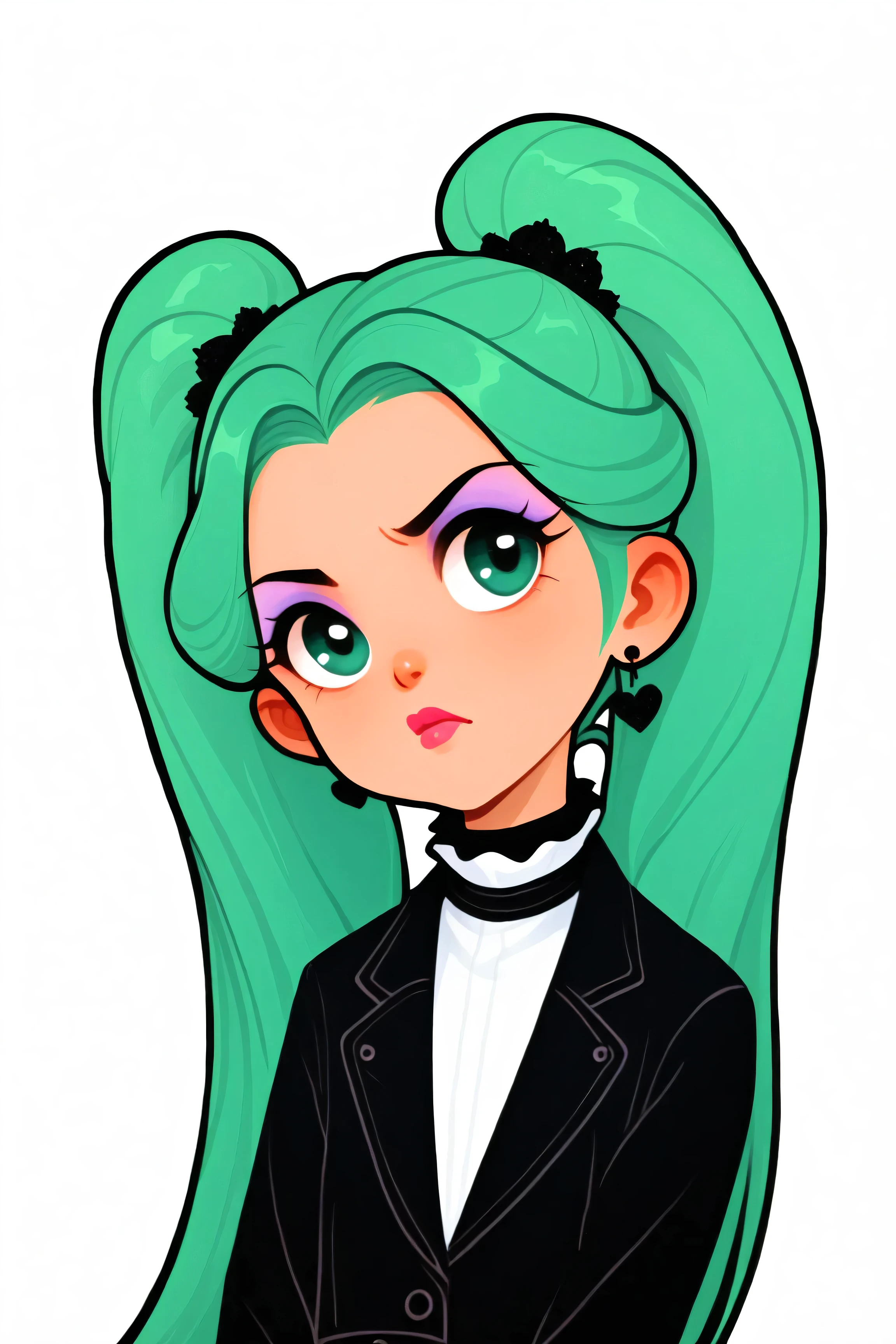 young korean goth girl, snapshot aesthetic, light black, greens, blacks, and whites, chinapunk, slender, karencore, high details, shadow, in motion, film still, kizi, clean background, black background, white background, green background, metallics, green hair, green eyes, annoyed, heavy makeup, shiny skin, 80s, retro, twin tails, punk