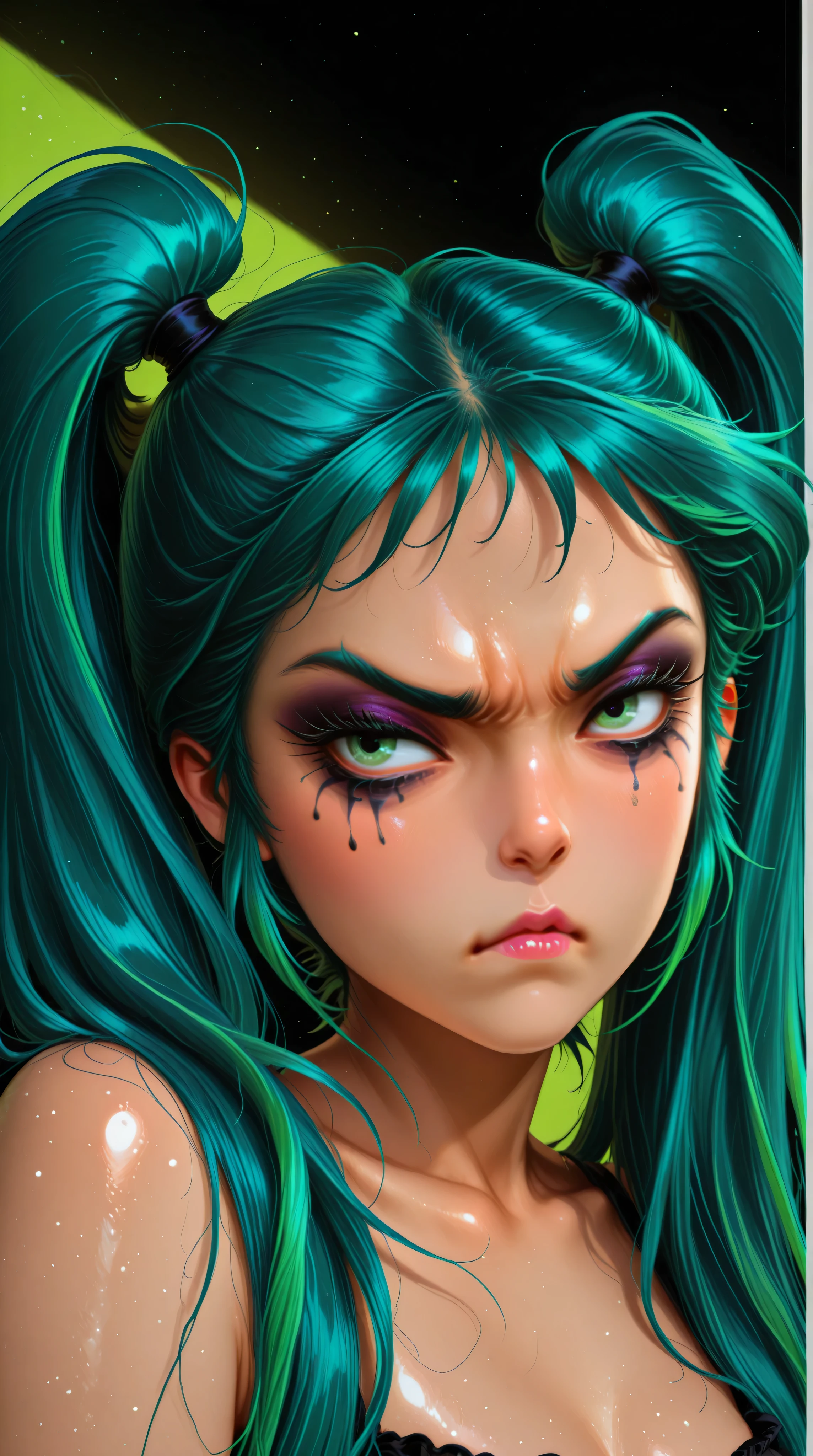 young korean goth girl, snapshot aesthetic, light black, greens, blacks, and whites, chinapunk, slender, karencore, high details, shadow, in motion, film still, kizi, clean background, black background, white background, green background, metallics, green hair, green eyes, annoyed, heavy makeup, shiny skin, 80s, retro, twin tails, punk