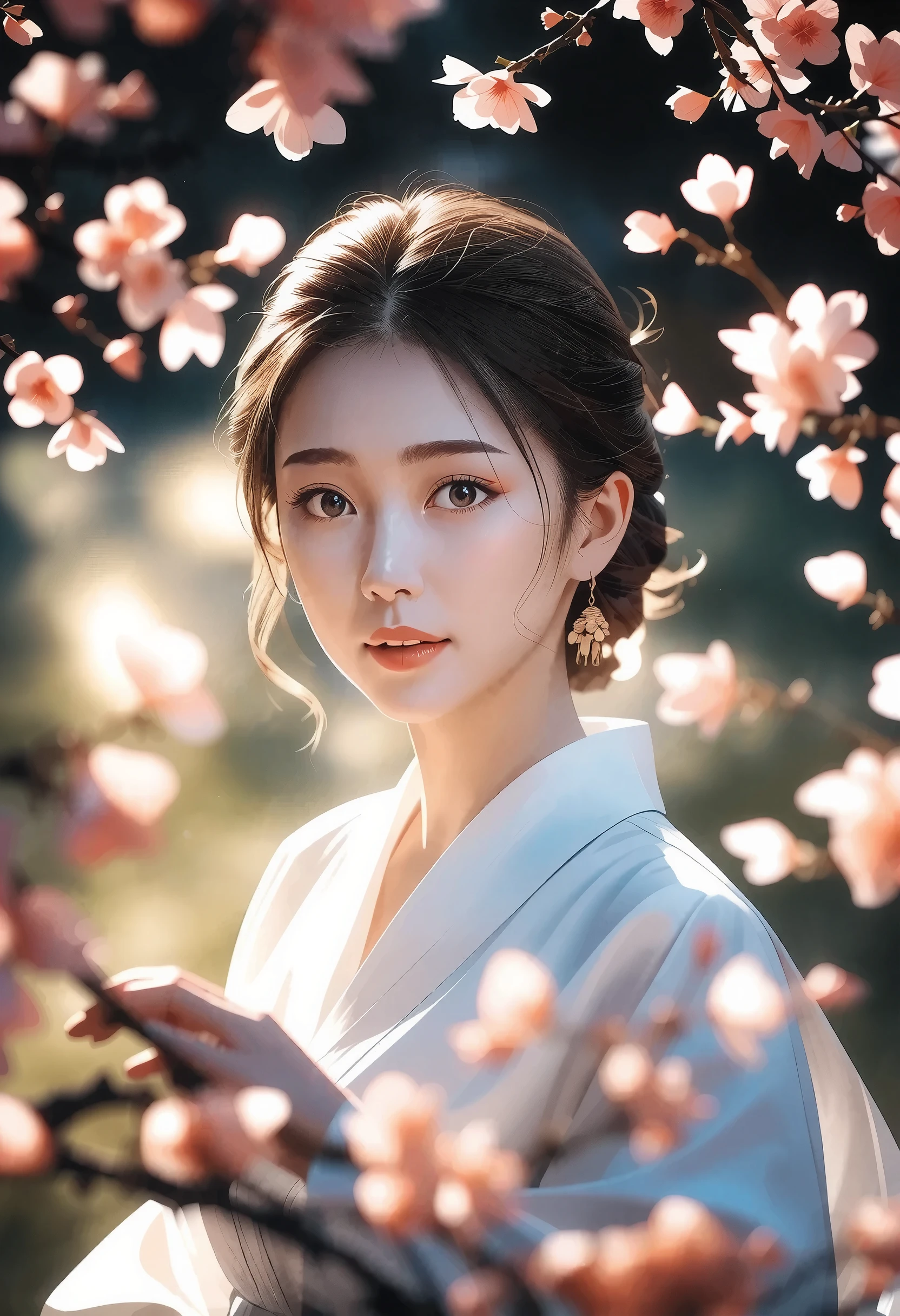 Goddess of Cherry Blossoms ,Portrait of an Elaborate Woman,Elegant Woman Smiling with Cherry Blossom Branches,Wrapped in Pink Petals,Elegant hairstyle,Delicate Expression,Wrapped in,Surrounded by Natural Light,Beautiful Scenery Background,best quality,realistic,4K rendering,HDR,Bokeh,Fine Details,Vivid Hues