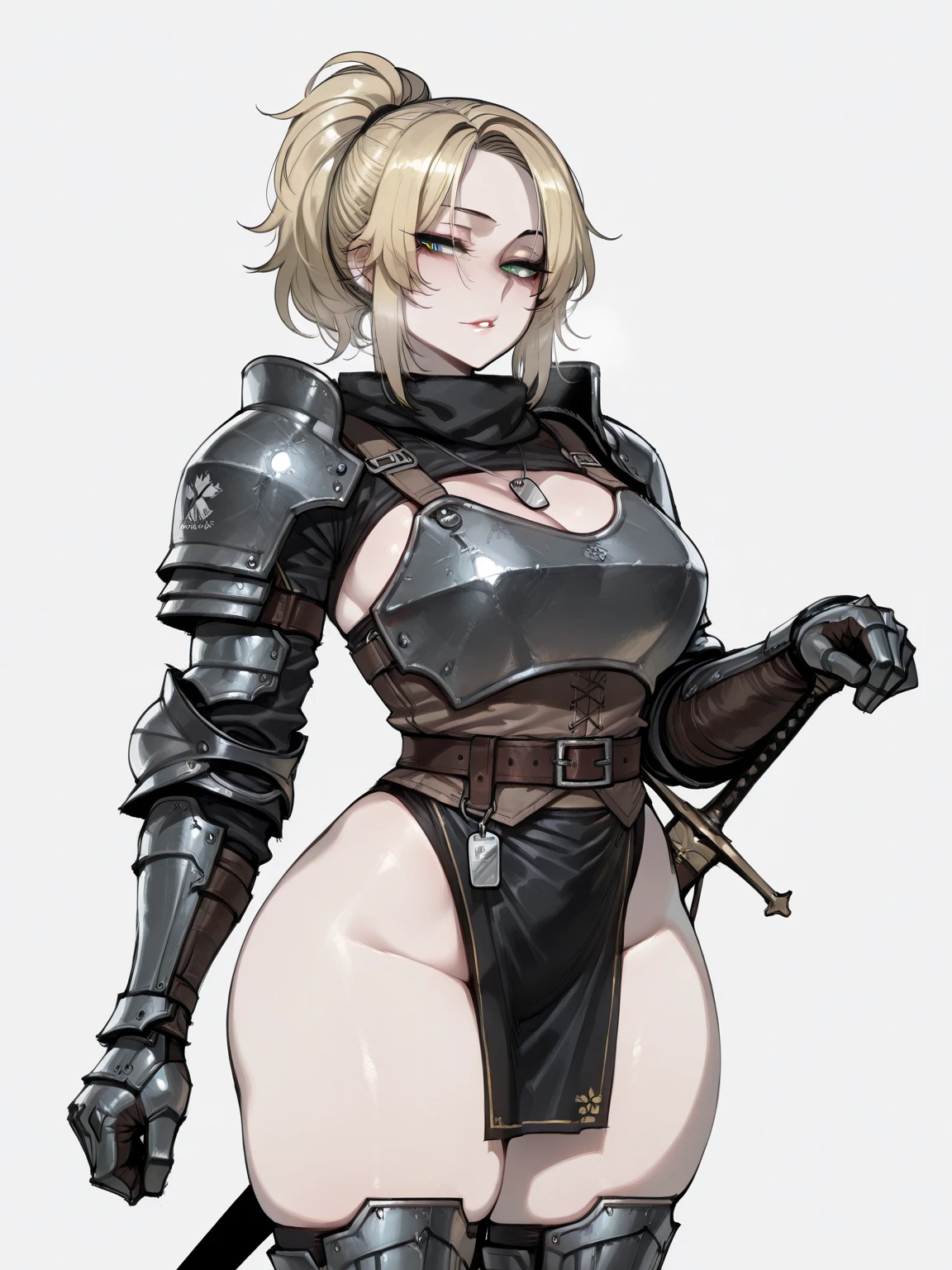 <lora:opll-f:0.9> ,masterpiece, 1girl, (opll:1.2), shortstack, full body, standing, (huge breasts:1.0), (detailed armor:1.1), blunt bangs, short hair, smile, simple background