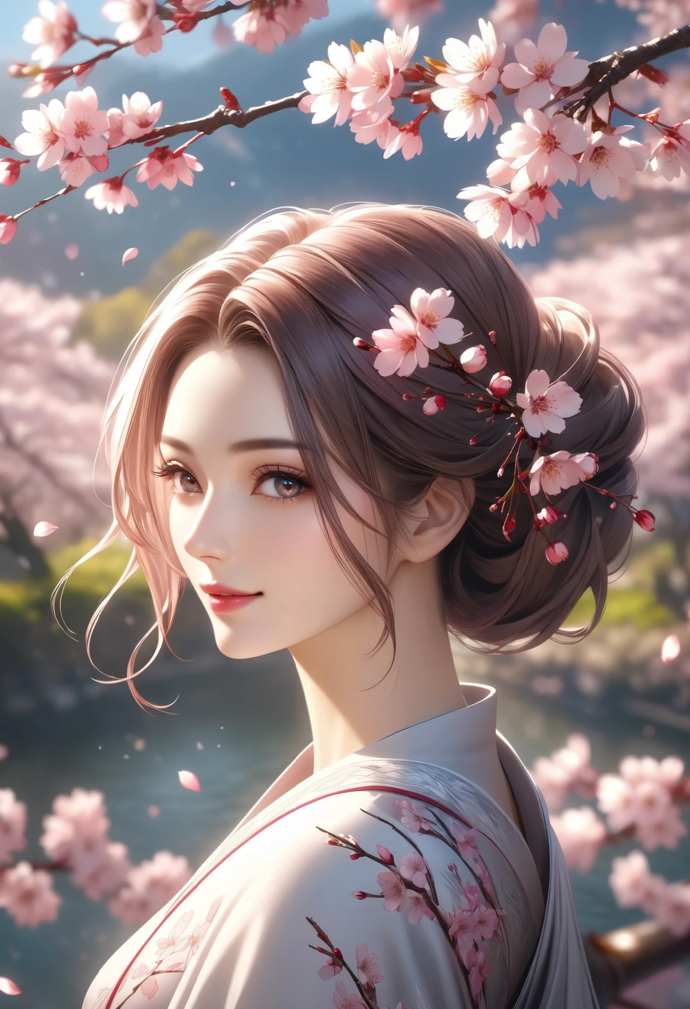 Goddess of Cherry Blossoms ,Portrait of an Elaborate Woman,Elegant Woman Smiling with Cherry Blossom Branches,pink petals along with cherry blossom branches,Elegant hairstyle,Delicate Expression,Wrapped in,Surrounded by Natural Light,Beautiful Scenery Background,best quality,realistic,4K rendering,HDR,Bokeh,Fine Details,Vivid Hues, Sakura