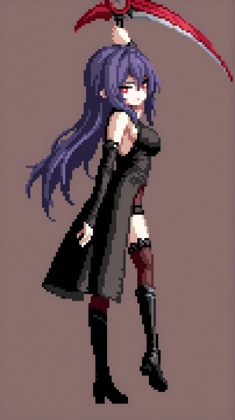 Pixel art, 6-life, full body, animal ears, rabbit ears, playboy bunny, a woman, wrist cuffs, leotard, black leotard, fake animal ears, detached collar, tail, pantyhose, strapless leotard , solo, bow, long hair, strapless, bowtie, rabbit tail, high heels, purple hair'full body, black bowtie, brown legwear, white background, standing, black bow, simple background, hair ornament, breasts,Big breasts,black footwear, cleavage, Saori Kido