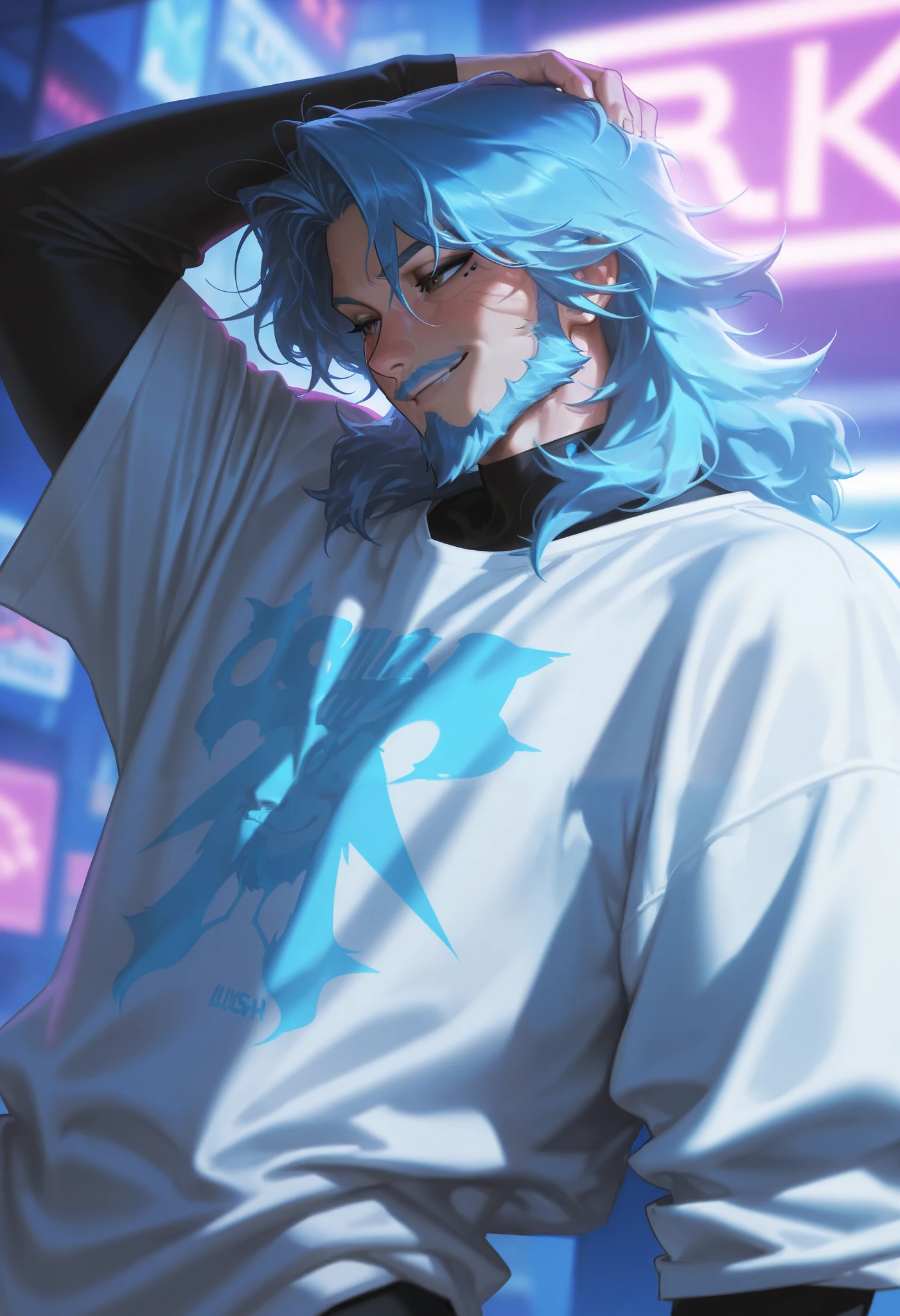 best quality, masterpiece \(quality\), L0LSPL4SH, year2024, year2023, 1male, mature male, solo, ((blue hair, blue facial hair)), (black techwear, streetwear, oversized shirt), black eyeliner, Highest quality, masterpiece, 8K, japanese style, male, mature, tall, (masterpiece:1.3, best quality), (solo, upper body), upper body, waist, facial hair, smirking, cyberpunk background, BREAK, ((brown eyes)), ((blue medium hair, fluffy hair)), L0LSPL4SH, IllustriousQual, IllusP0s, side view, leaning back, hand on head, blushing