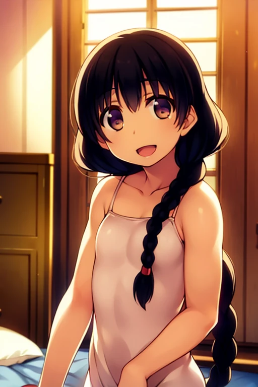 masterpiece, best quality, looking at viewer, upper body, portrait, looking at viewer, seductive smile, put your hands behind your head, armpits, armpits visible, sweaty armpits, tohsaka rin, very small breasts, long black hair, wearing red croptop outfit, twintail