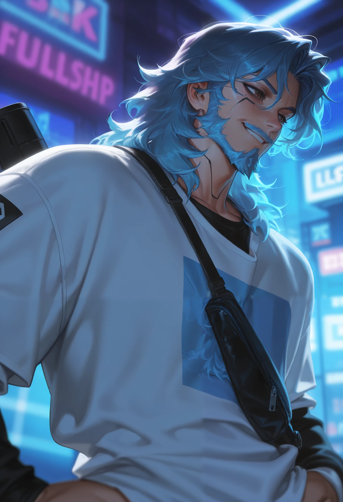 best quality, masterpiece \(quality\), L0LSPL4SH, year2024, year2023, 1male, mature male, solo, ((blue hair, blue facial hair)), (black techwear, streetwear, oversized shirt), black eyeliner, Highest quality, masterpiece, 8K, japanese style, male, mature, tall, (masterpiece:1.3, best quality), (solo, upper body), upper body, waist, facial hair, smirking, cyberpunk background, BREAK, ((brown eyes)), ((blue medium hair, fluffy hair)), L0LSPL4SH, IllustriousQual, IllusP0s, side view
