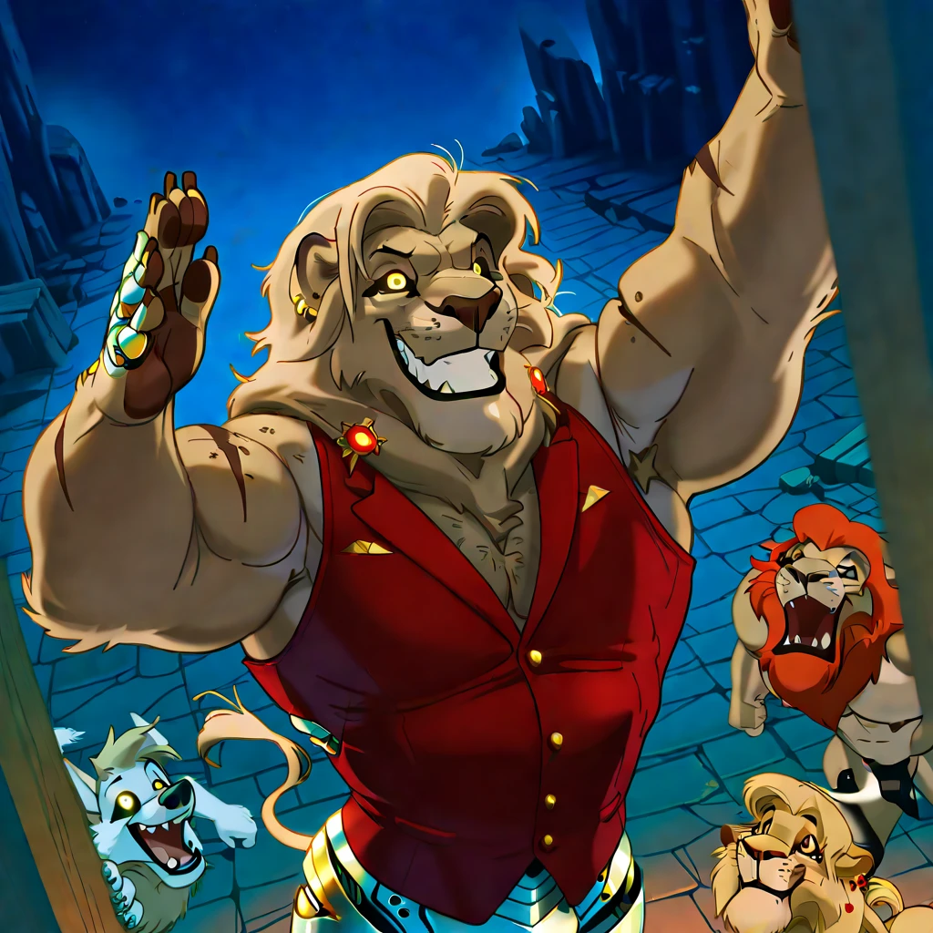 g
score_9, score_8_up, score_7_up, score_6_up, dynamic pose,masterpiece,anthro,solo, (Cornelius, Male, furry, Lion anthro, Medium muscular lion, no mane, brown, light brown lion, feline, long brown pony tail hair, lion ears, wearing tiny gold round glasses, , hands, standing, posing, good , arms, male , perfect , perfect body no defects, hands, 5 fingers, perfect hands, completely perfect body, 4k (Realistic eye details 1.2), fluffy fur, source anime, best quality, anthro, A muscular lion man with a strong build. He has a well-defined jawline and a serious expression. His fur is brown, pony tail long, and he has no mane., mature male, anthro, feline, animatronic, robot, good drawn sharp teeth, no blur, red body, claws,sharp teeth, gold tooth, gold (metal),shredded ears, animal ears,ear piercing,jewlery, white sclera, yellow eyes, male,countershade,fur,white sclera,tall male,hairy male,one hooked hand,muscular male,damaged body,black robotic legs,damaged pec,high angle,close up. Fnaf, Pizzeria background. by null-ghost, masterpiece, best quality , furry, wolf, Two tons of fur, ( black fur :0.8), Broad shoulders, Narrow waist, teeth, ghost, , hair, night, animatronic, robust body, friendly appearance, blue and white metallic fur, red vest, and gold accents, glowing eyes, warm smile, big dumb smile, Highly detailed, High Quality, Masterpiece, beautiful
