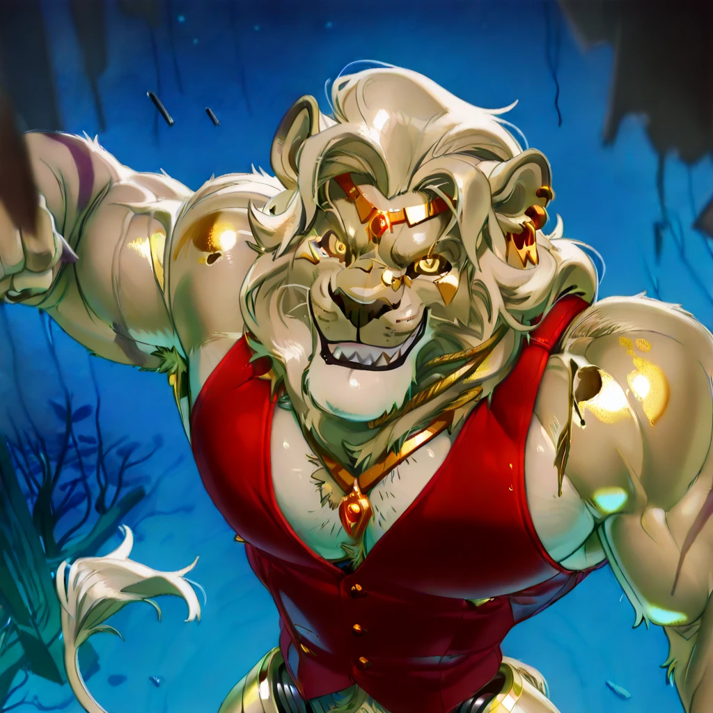g
score_9, score_8_up, score_7_up, score_6_up, dynamic pose,masterpiece,anthro,solo, (Cornelius, Male, furry, Lion anthro, Medium muscular lion, no mane, brown, light brown lion, feline, long brown pony tail hair, lion ears, wearing tiny gold round glasses, , hands, standing, posing, good , arms, male , perfect , perfect body no defects, hands, 5 fingers, perfect hands, completely perfect body, 4k (Realistic eye details 1.2), fluffy fur, source anime, best quality, anthro, A muscular lion man with a strong build. He has a well-defined jawline and a serious expression. His fur is brown, pony tail long, and he has no mane., mature male, anthro, feline, animatronic, robot, good drawn sharp teeth, no blur, red body, claws,sharp teeth, gold tooth, gold (metal),shredded ears, animal ears,ear piercing,jewlery, white sclera, yellow eyes, male,countershade,fur,white sclera,tall male,hairy male,one hooked hand,muscular male,damaged body,black robotic legs,damaged pec,high angle,close up. Fnaf, Pizzeria background. by null-ghost, masterpiece, best quality , furry, wolf, Two tons of fur, ( black fur :0.8), Broad shoulders, Narrow waist, teeth, ghost, ,  hair, night, animatronic, robust body, friendly appearance, blue and white metallic fur, red vest, and gold accents, glowing eyes, warm smile, big dumb smile, Highly detailed, High Quality, Masterpiece, beautiful 