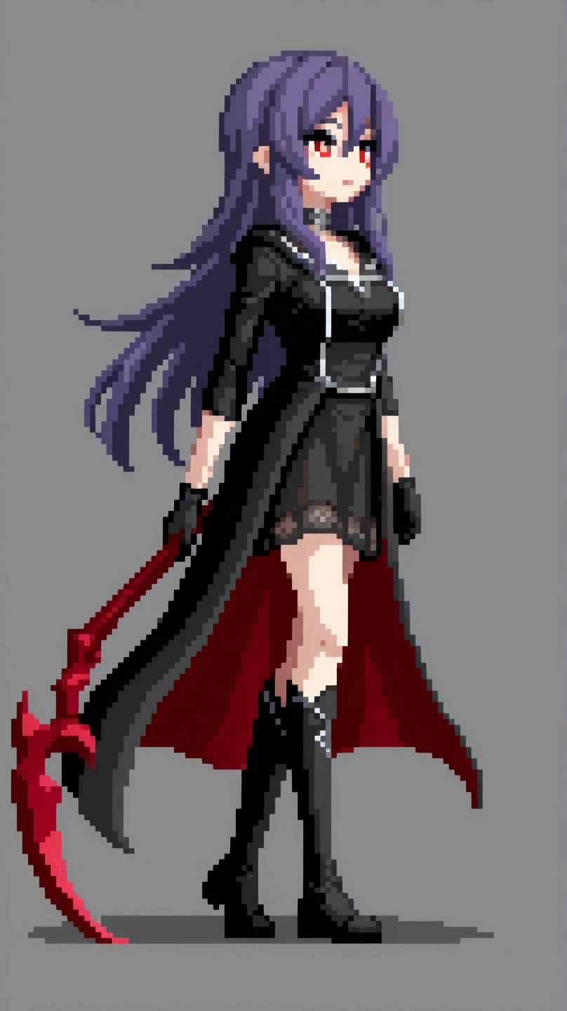 uma mulher com um vestido preto e botas em frente a um fundo branco, Pose de corpo inteiro de feiticeira escura, bruxa castlevania, Retrato de corpo inteiro de Jean Grey, dark sorceress full view, gothic maiden, mara jade |, ligeiramente pixelado, Pixel Art Sprite, supervillain sorceress witch, sprite visual novel, Carmilla Vampiro, gothic wraith maiden