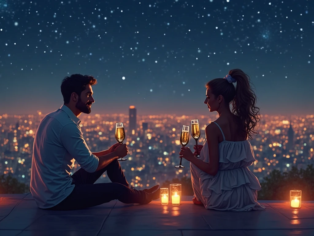 A rooftop at night with a panoramic view of the city skyline - SeaArt AI