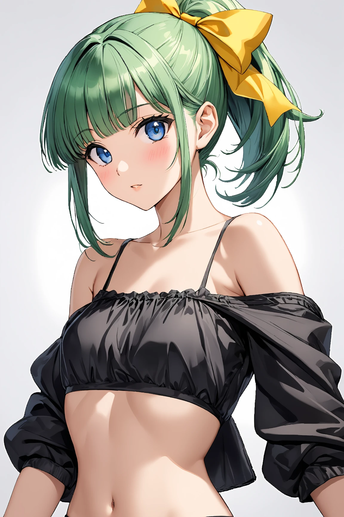 (bad, sousou no frieren), 1 girl, green hair, realistic skin, (full body shot), masterpiece, smirk, (black dress), (split thigh dress), high heels, stocking