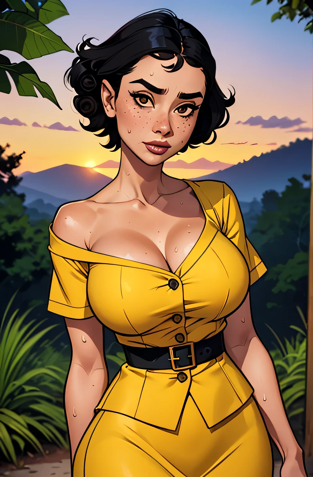 Gorgeous and sultry busty athletic (thin) brunette with sharp facial features and a (large nose) and (huge boobs) wearing a pale yellow off-shoulder ruffled sundress, hairband, long dress, park, lake, picnic