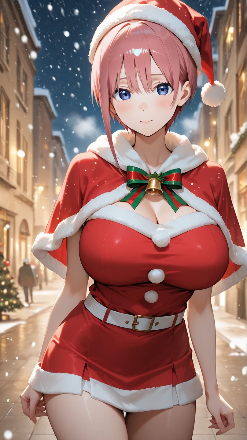 realisitic, top-quality, 1womanl, Mature, ((red blush)), perspiring, Santa Cap, Pink bob hair, (Protruding tongue), ((Santa Claus Costume))、Black PVC gloves, large full breasts, 双臂在头后