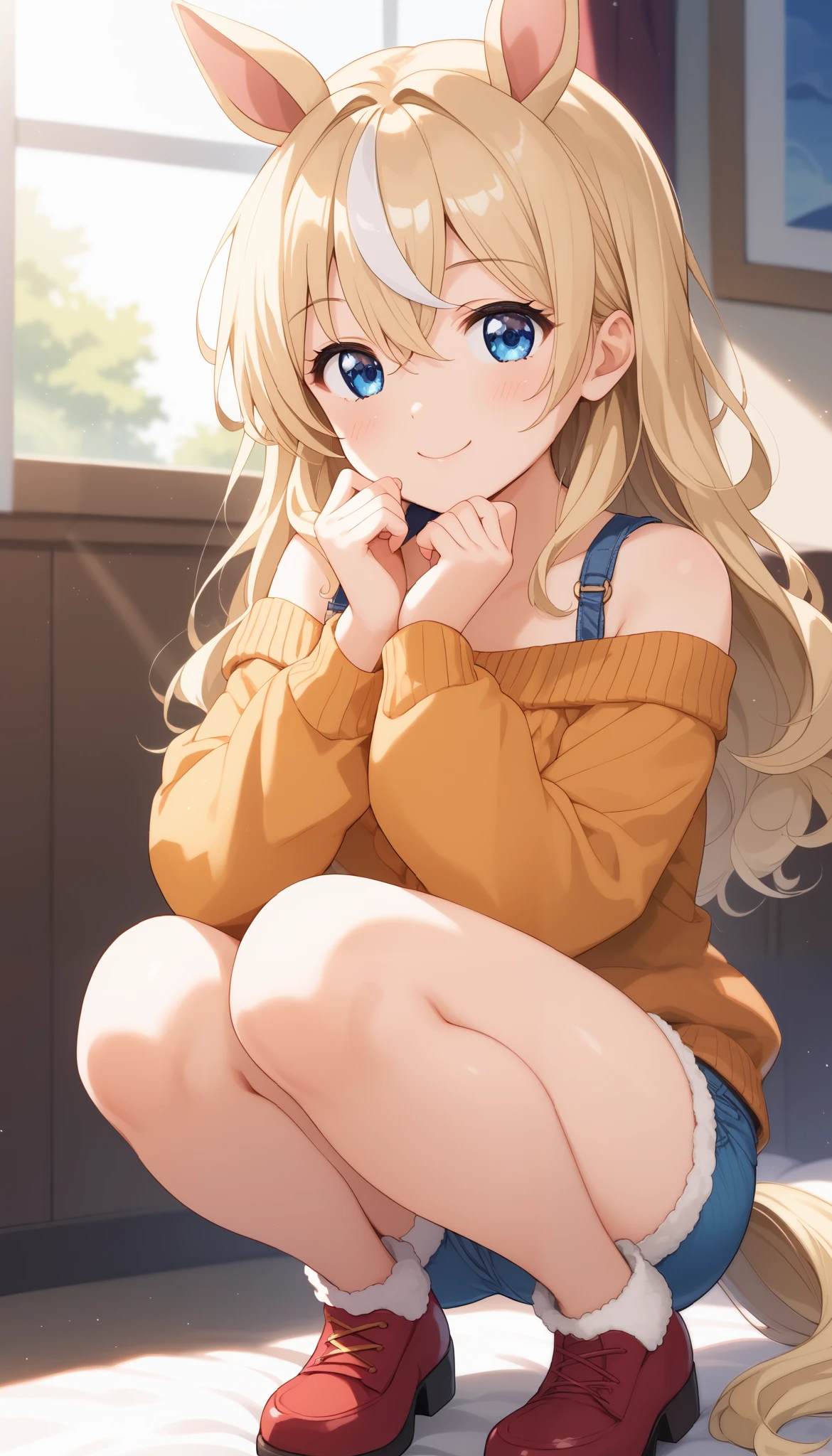 horse tail, long hair, streaked hair, blonde hair, white hair, hair between eyes, animal ears, ear ornament, blue eyes,1 bashful girl, Alone, anime style,cute girl,Best Quality, super detailed, anime style,8k, high resolution, detailed face, Character's Upgraded Image,((are smiling at the flag)),(lawn),((squatting)),((red off-the-shoulder sweater)),(yellow micro mini denim shorts),((斜め前から見ているcharacter up image)),character up image,Shiny, smooth thighs,morning,Dazzling Sunlight,(太ももよりcharacter up image),high image quality