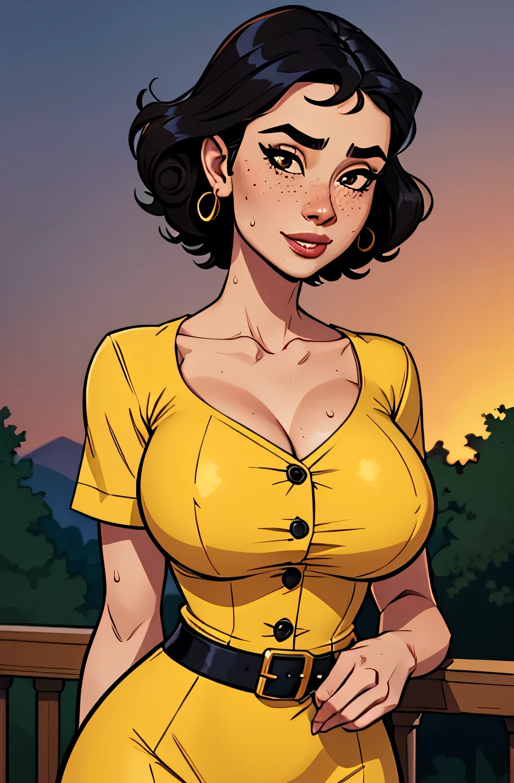 Thin woman, beautiful smiling, orange v-neck dress, skin black, short curly black hair, eyes browns, busty, Hands on waist. comic style.