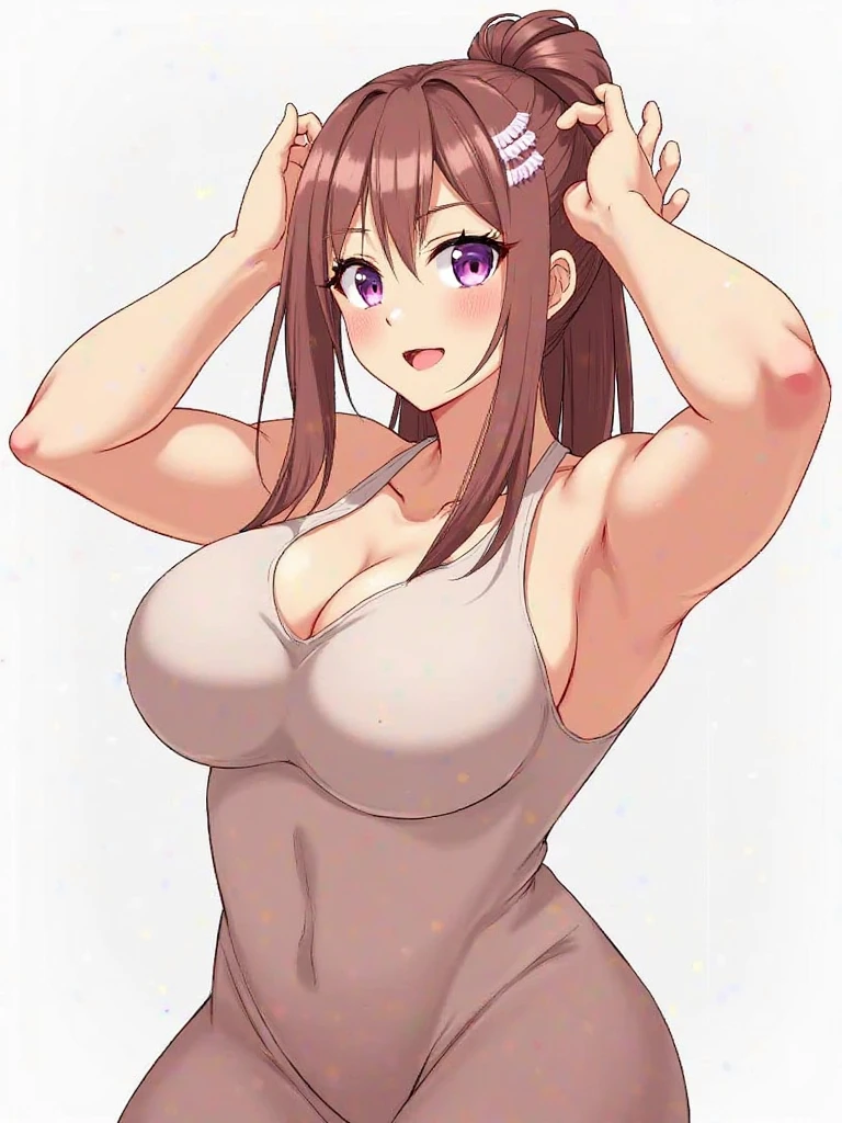 Girl with recent grown big round perky boobs, small waist, round perky ass, very fit body, bulged biceps, muscular arms, massive broad shoulders, arousal look, crop tank top